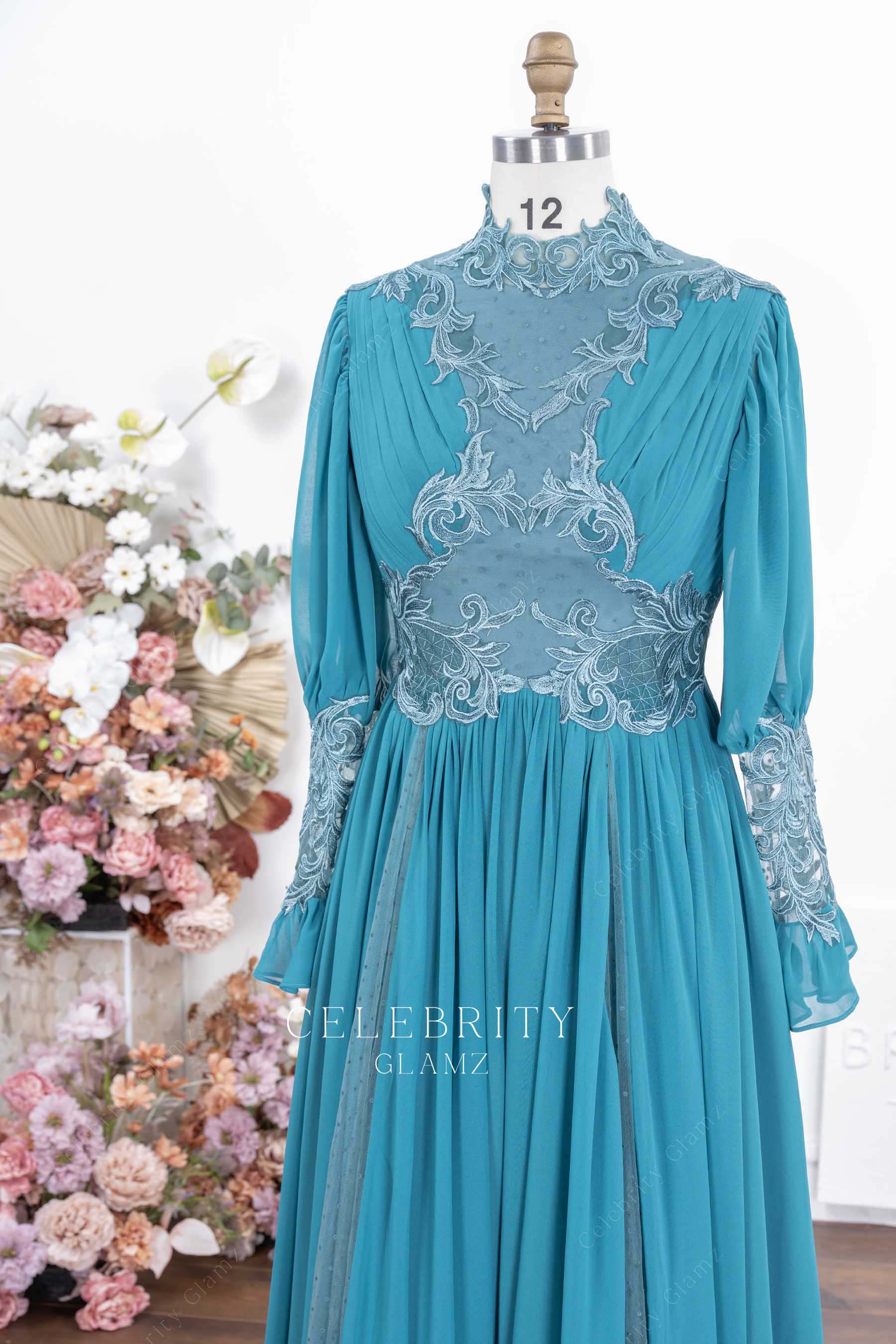 peacock lace high neck formal dress