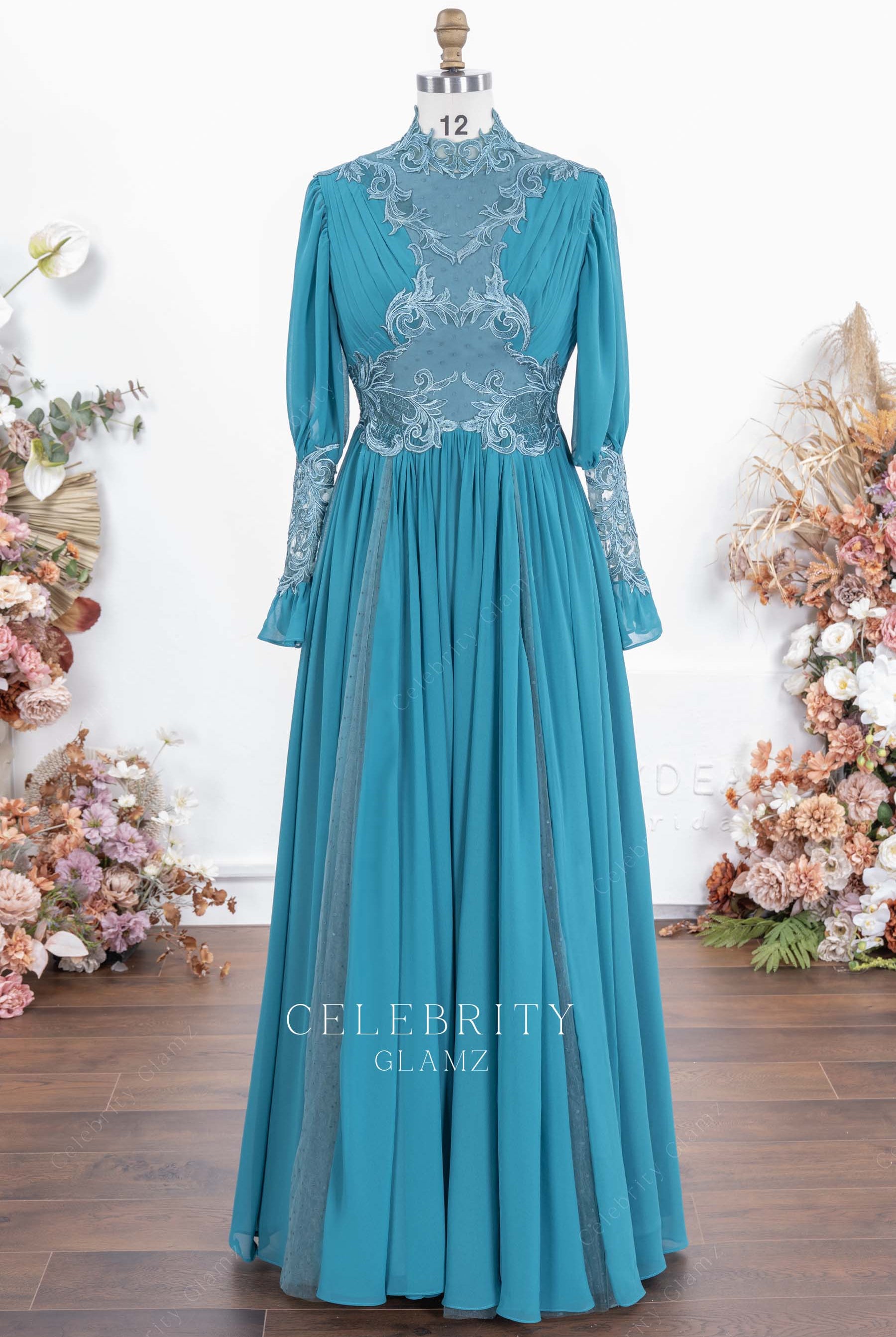 peacock long sleeves a line formal dress