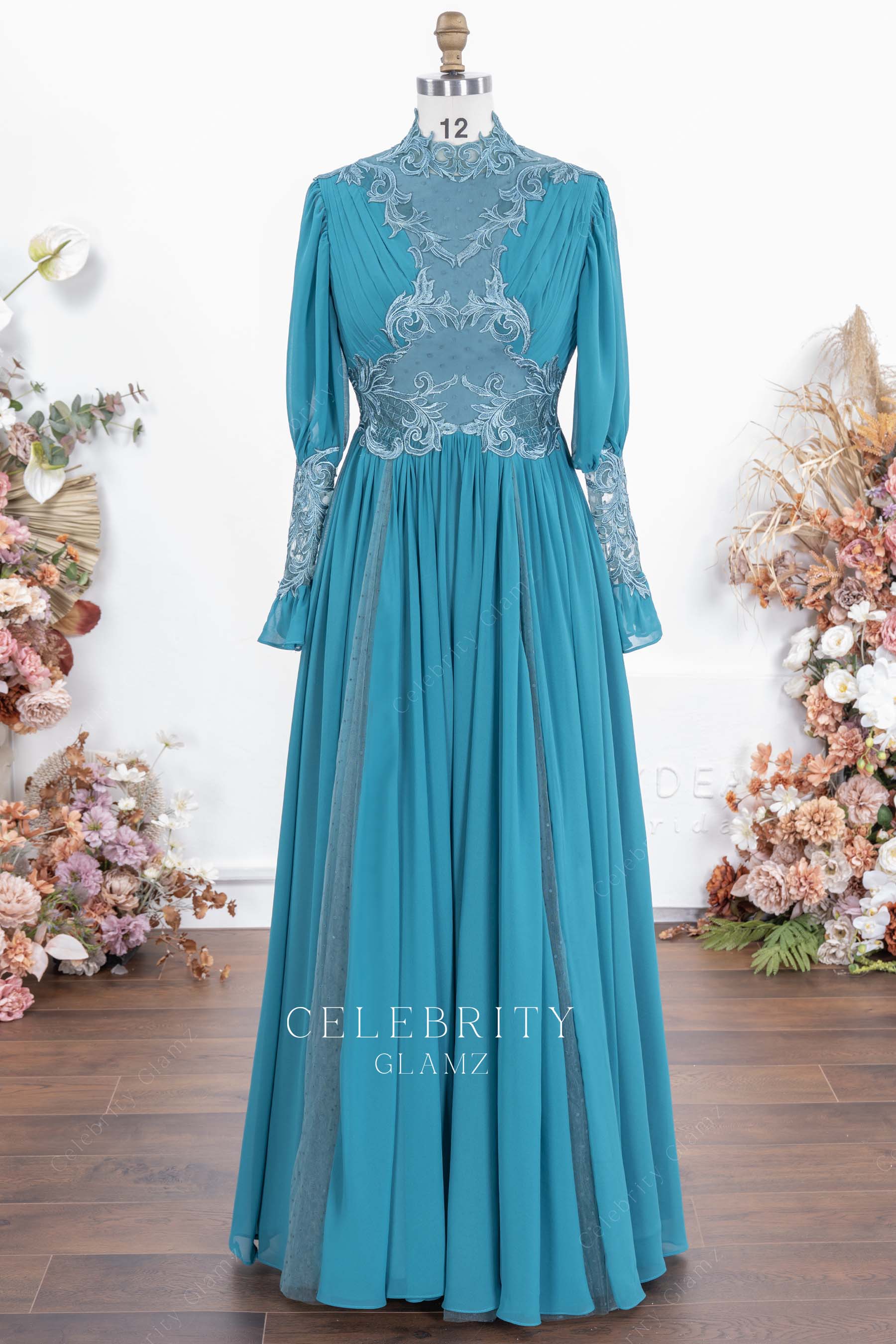 peacock long sleeves a line formal dress