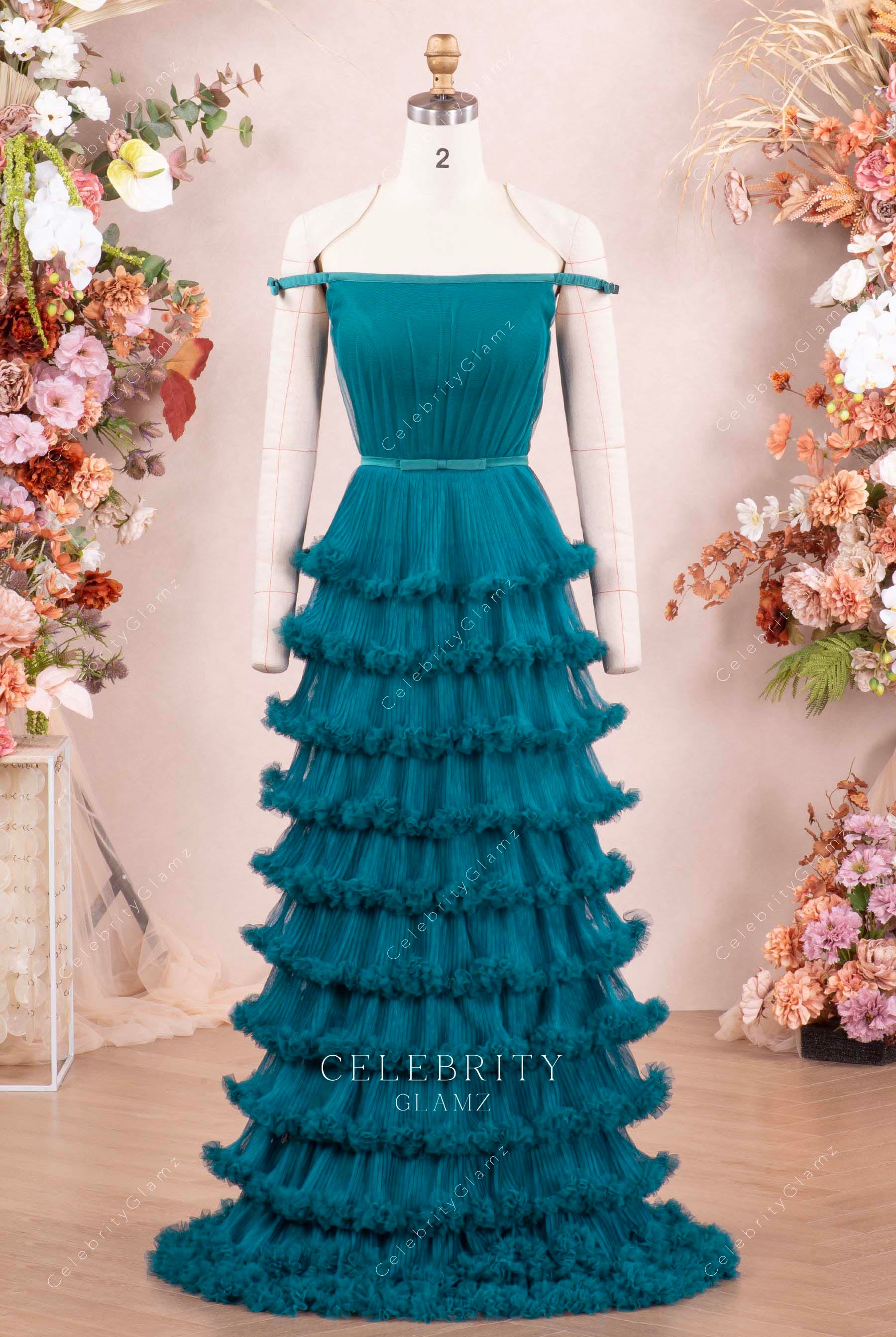 peacock off shoulder layered prom dress