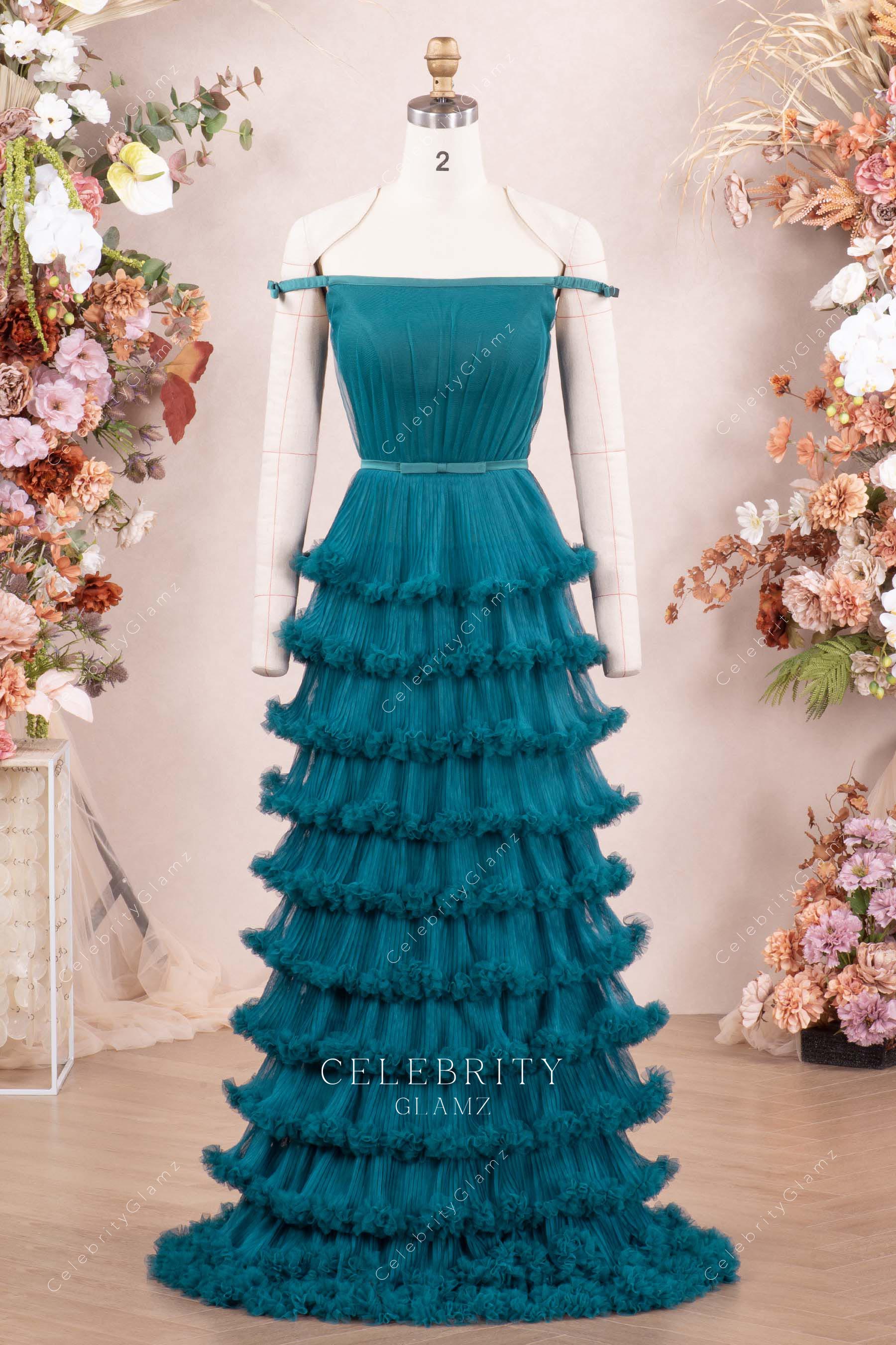 peacock off shoulder layered prom dress