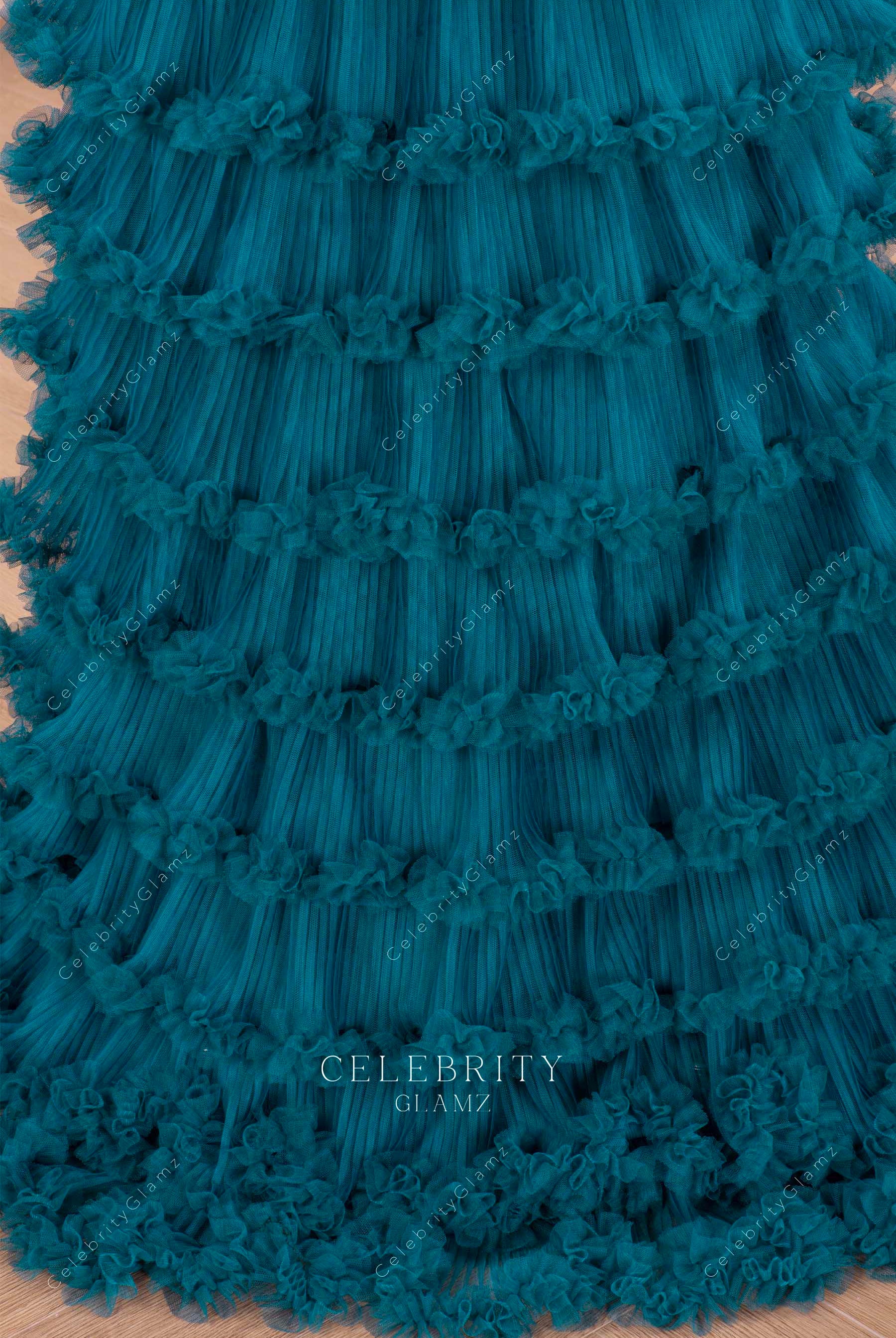 peacock ruffled tiered prom dress