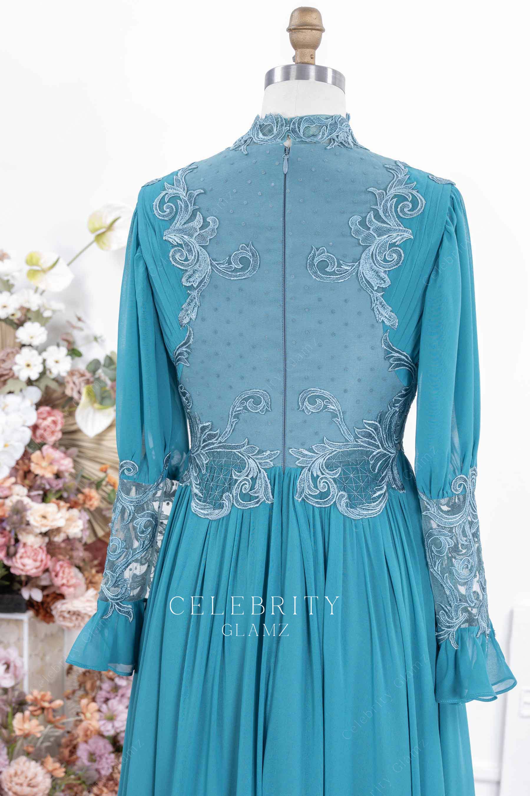 peacock sheer long sleeves formal dress