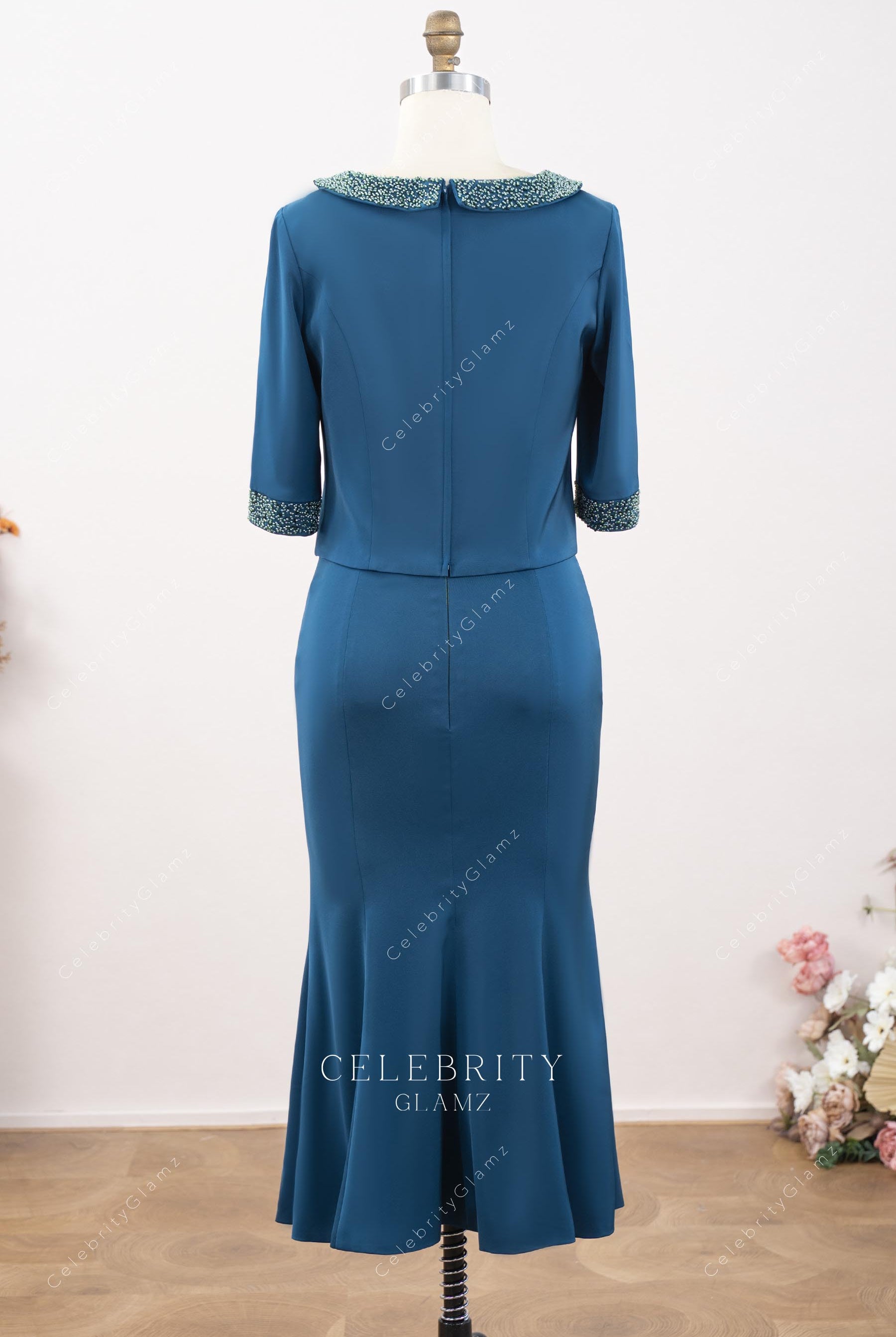 peacock tea length mother of bride dress