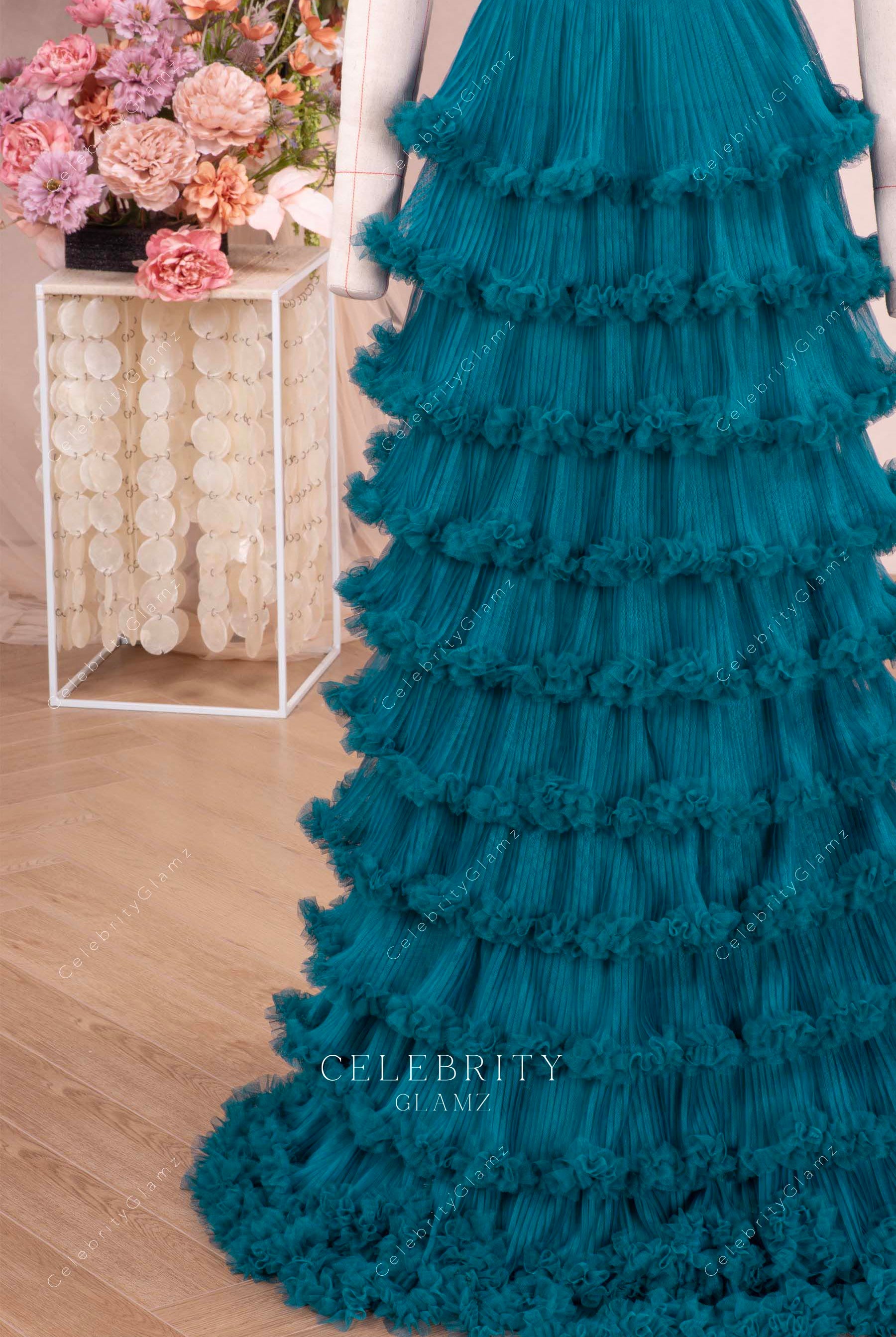 peacock tiered a line prom dress