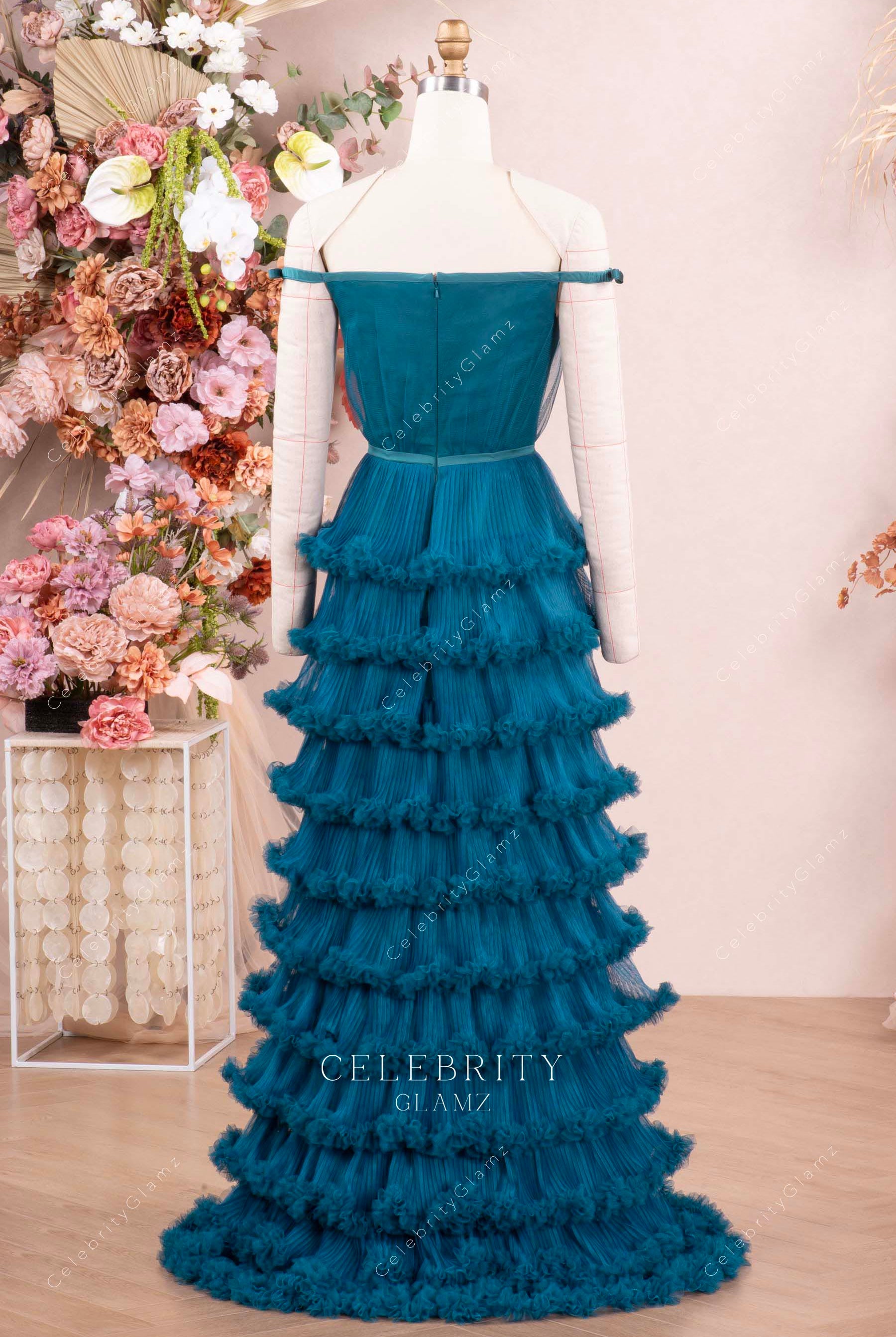 peacock tiered tulle sweep train prom dress