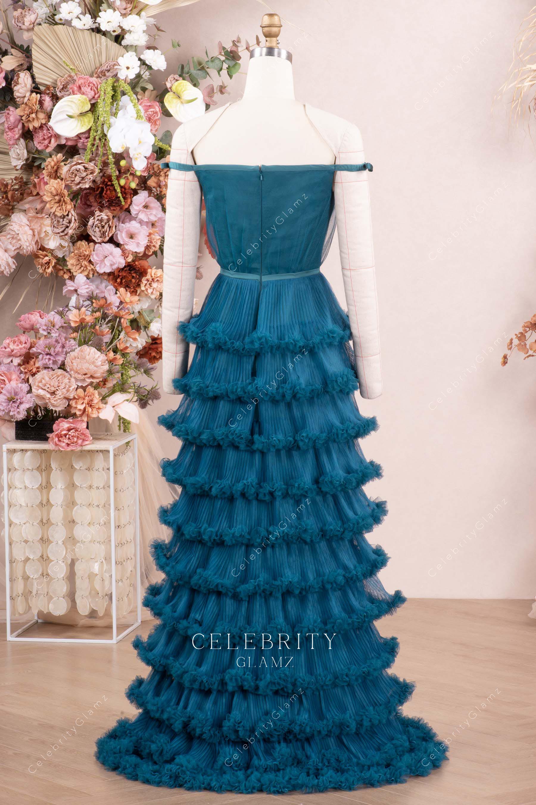 peacock tiered tulle sweep train prom dress