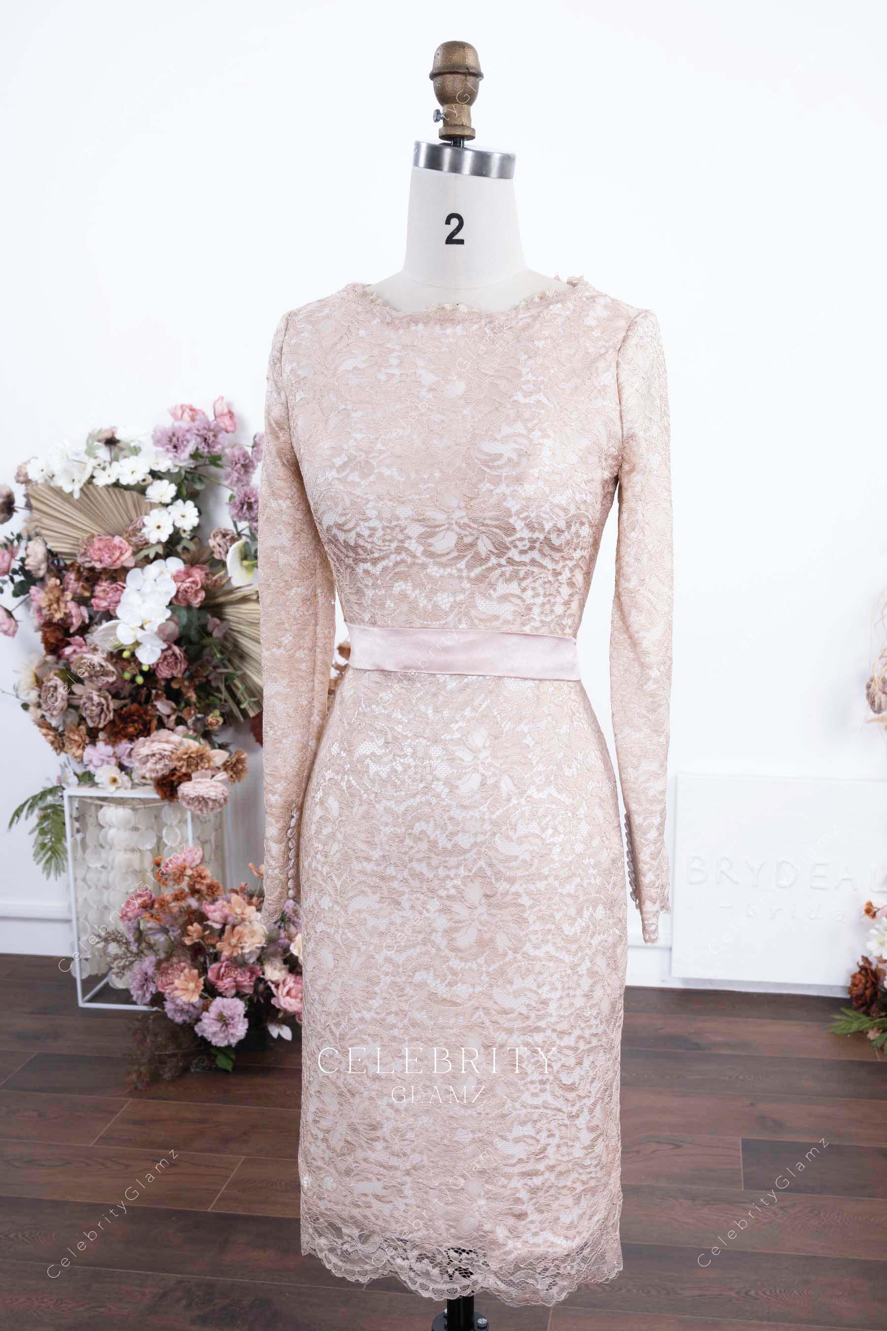 pearl pink lace pencil formal dress