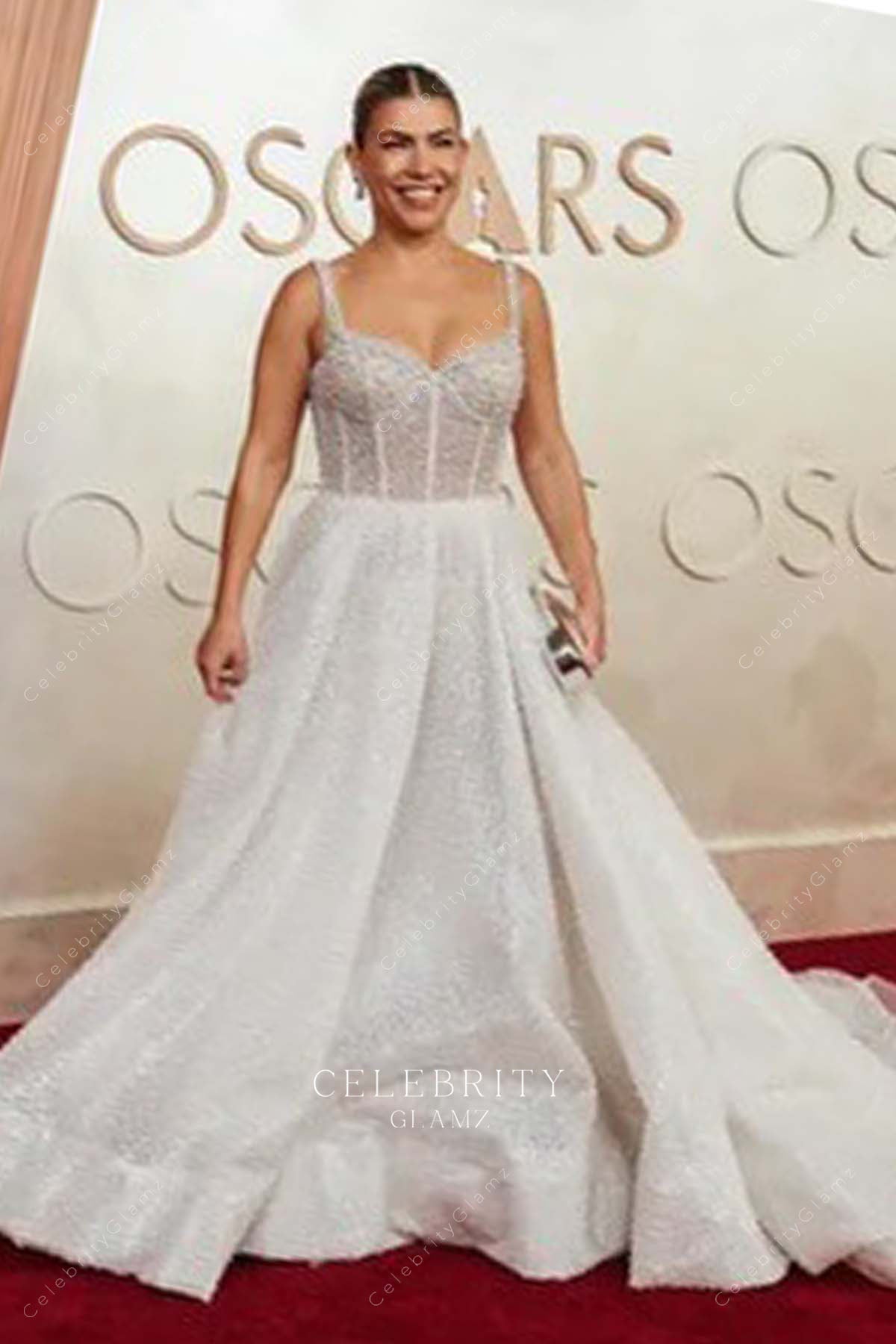 pearls Lee Broda 2025 Oscars red carpet long train prom dress