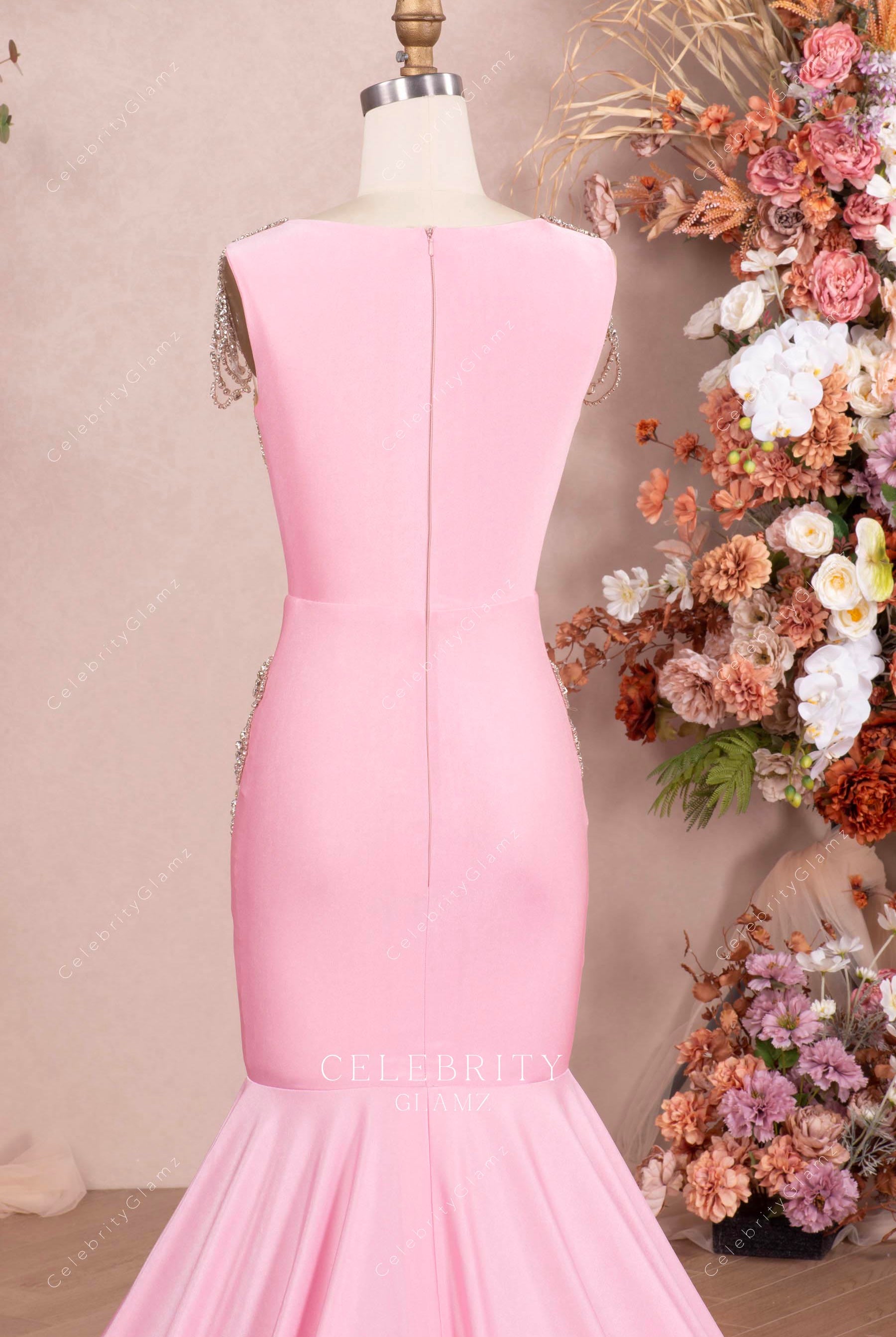 pink conservative back prom dress