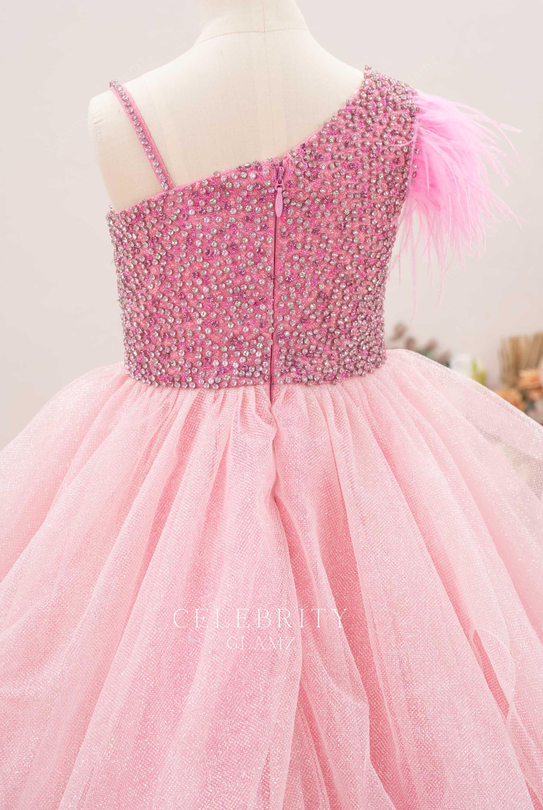 pink asymmetrical thin straps pageant dress