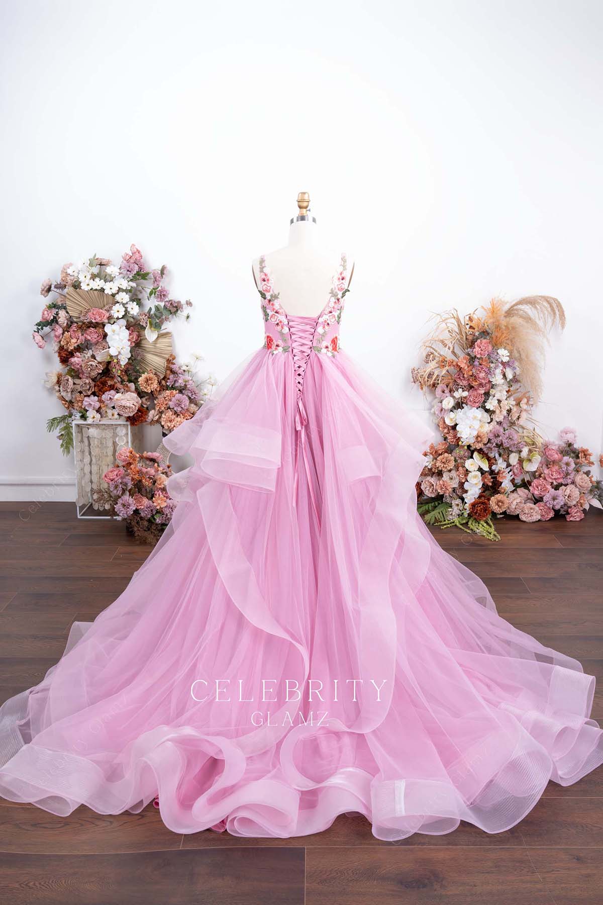pink court train Quinceanera gown