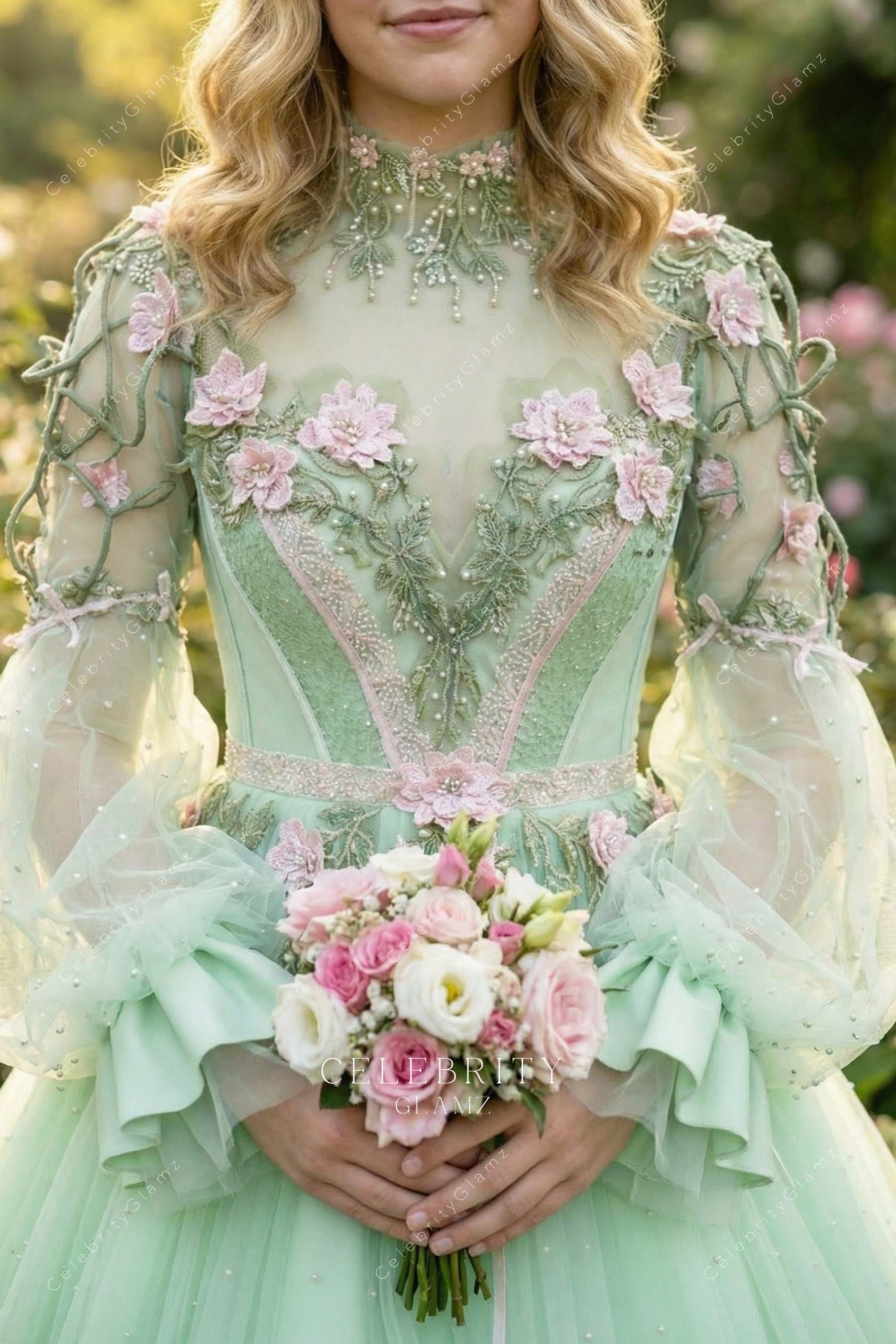 pink floral lace high neck wedding dress