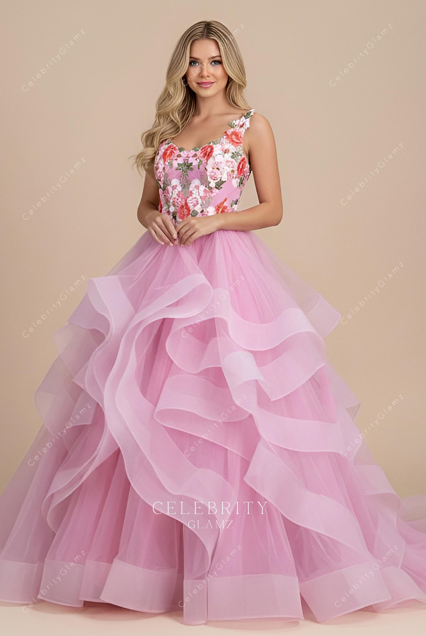 pink flower lace ruffled prom dress
