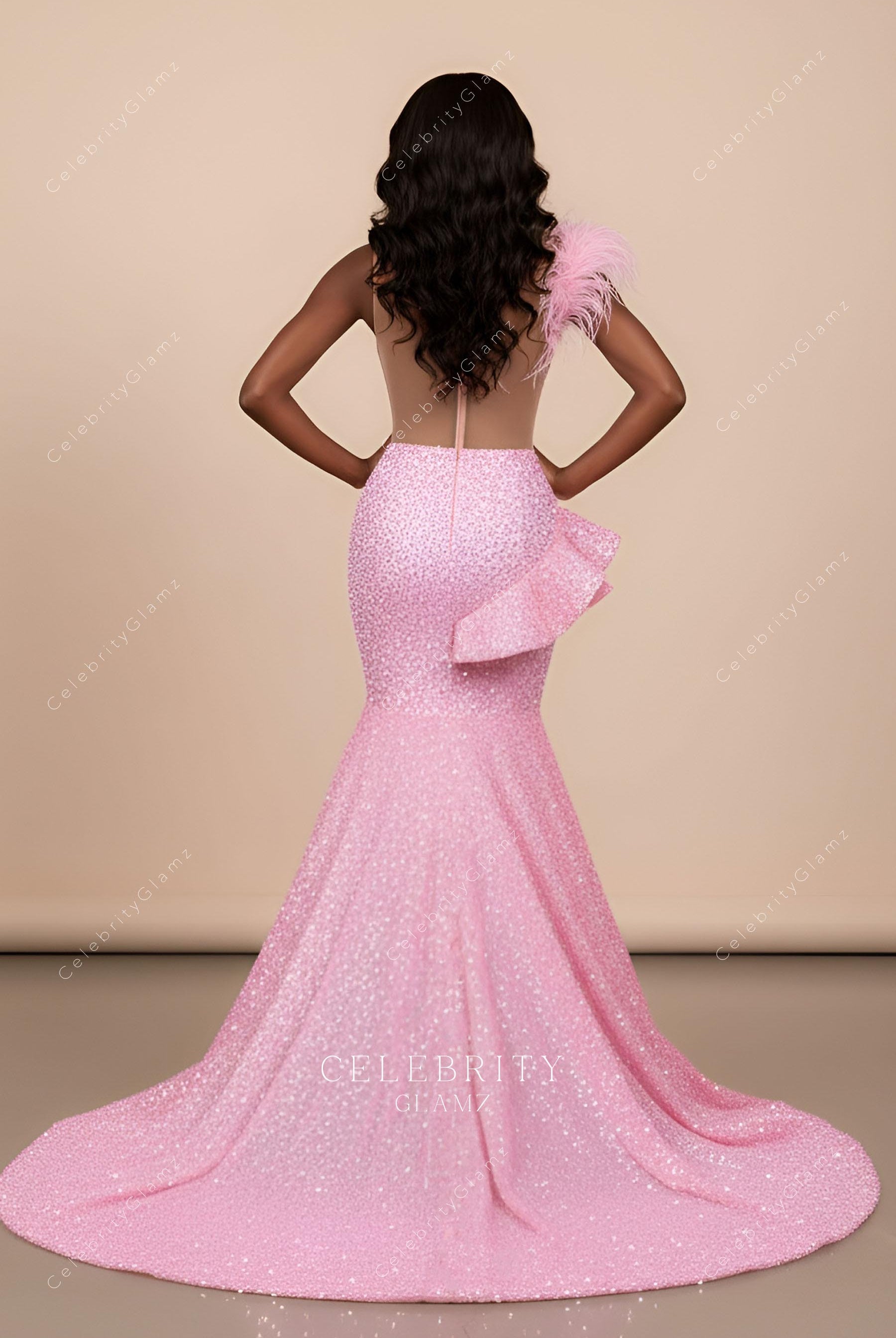 pink glitter illusion back trumpet prom dress