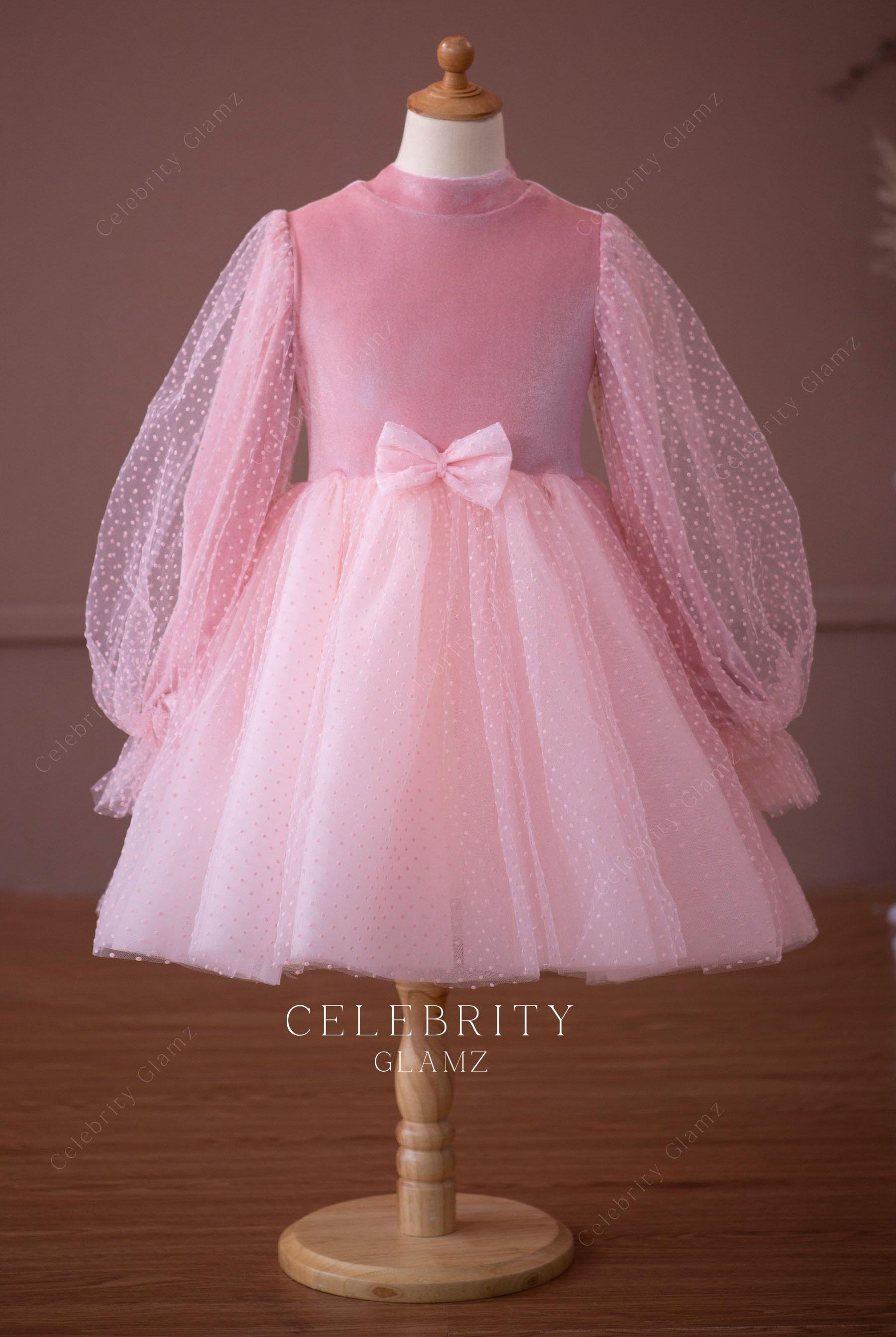 pink illusion sleeve little girl holiday dress