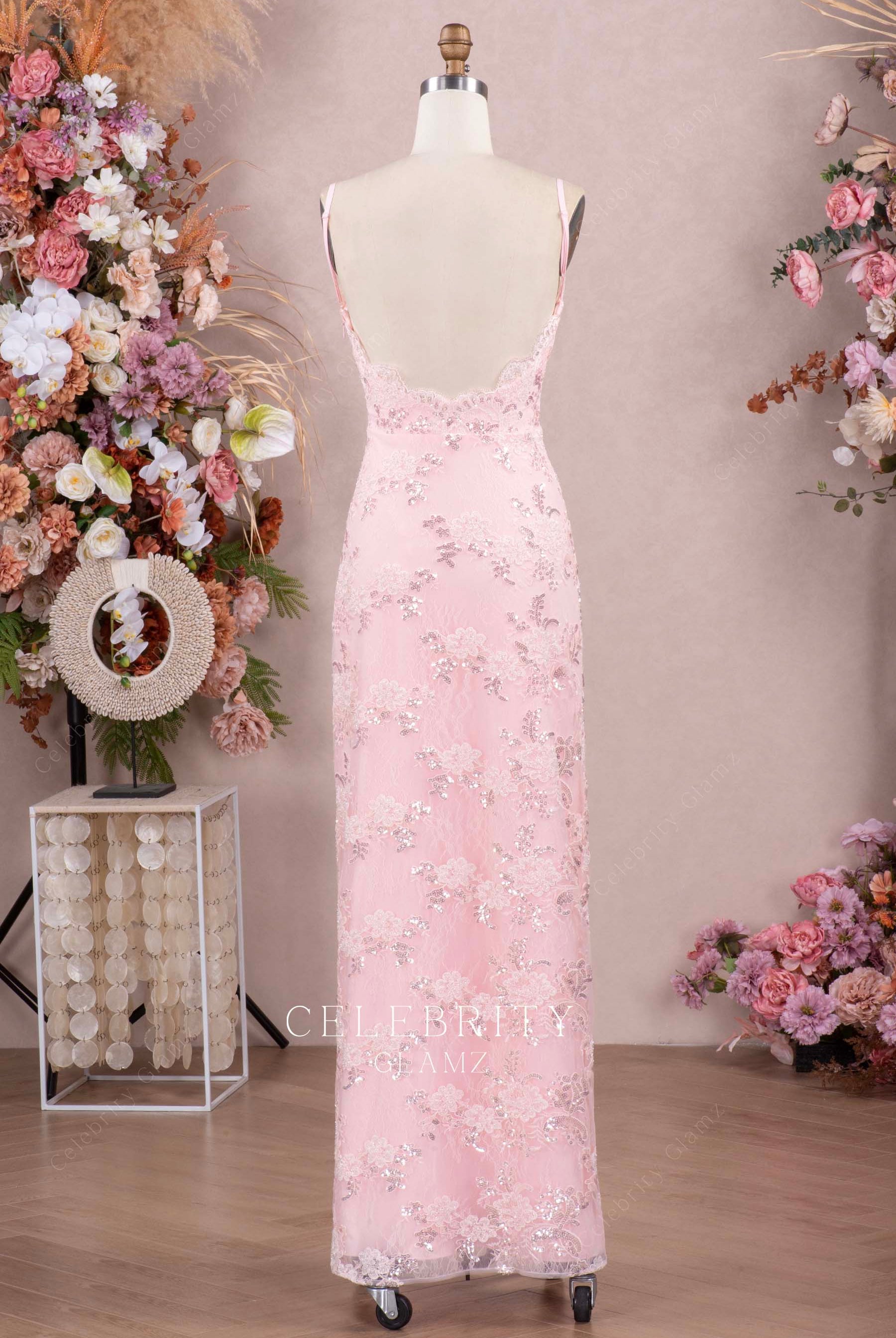 pink lace appliques column prom dress