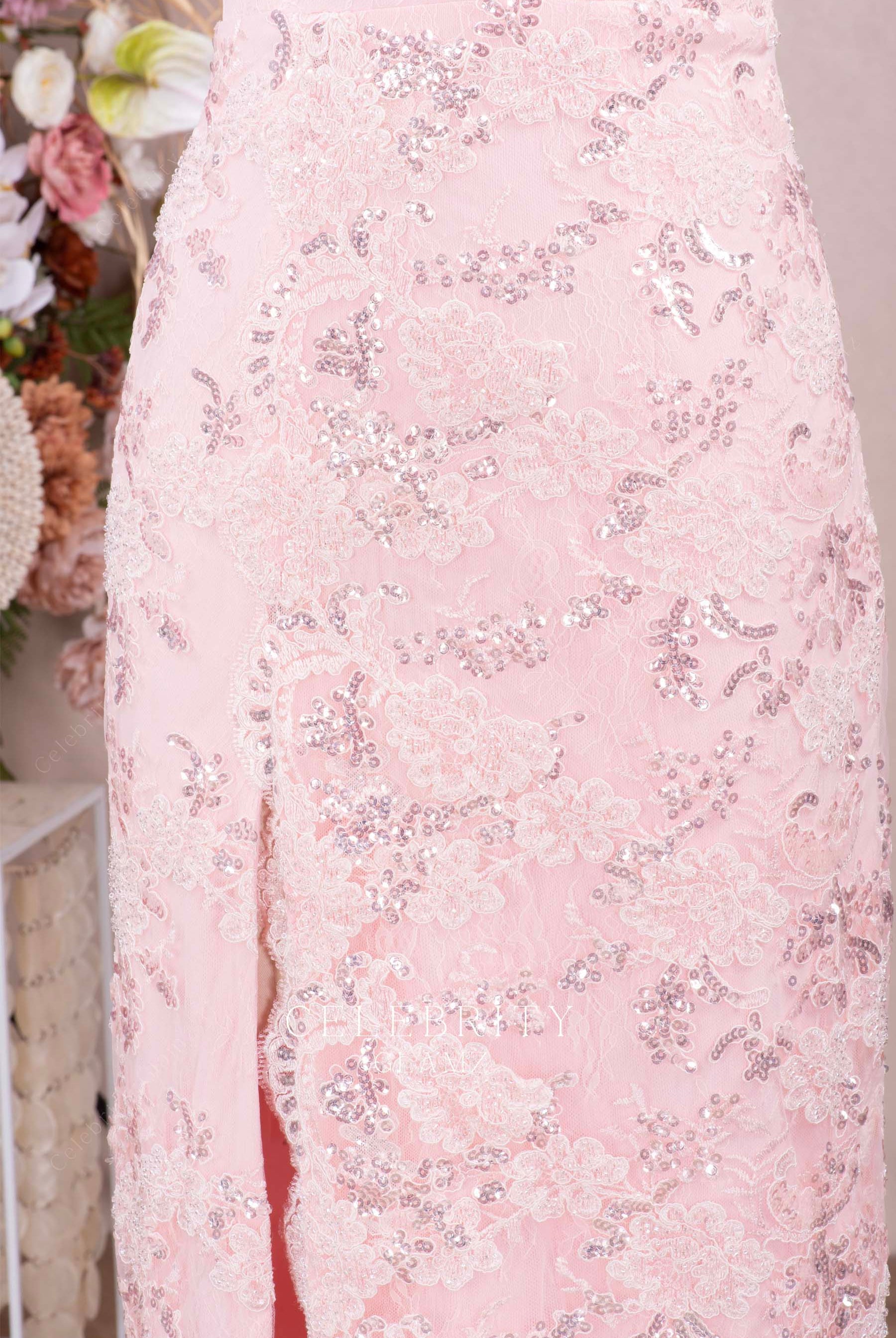 pink lace appliques high slit prom dress