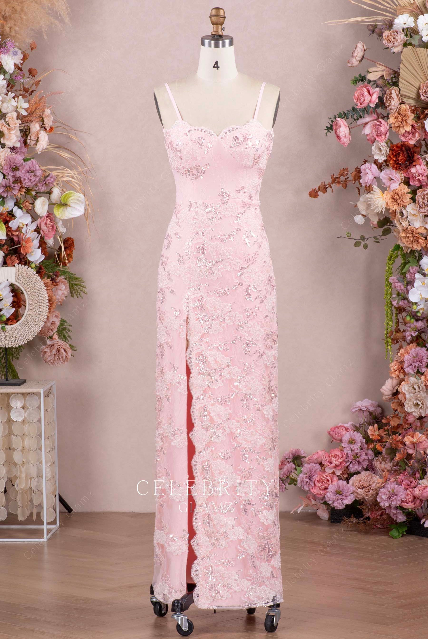 pink lace appliques prom dress