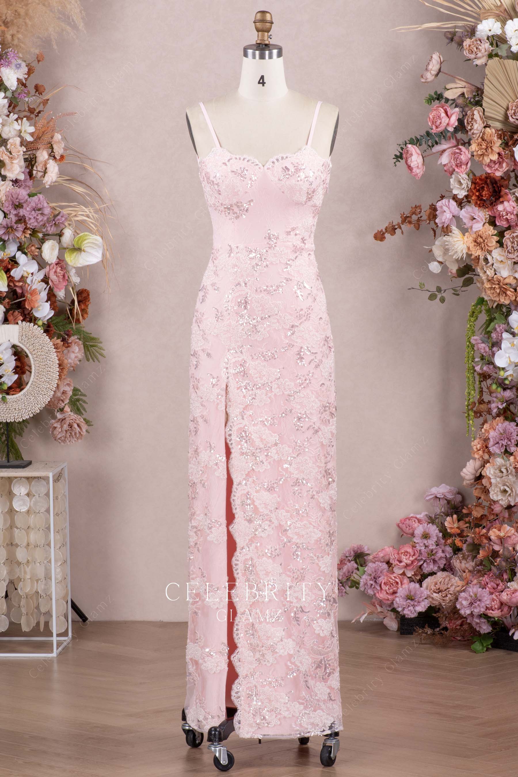 pink lace appliques prom dress