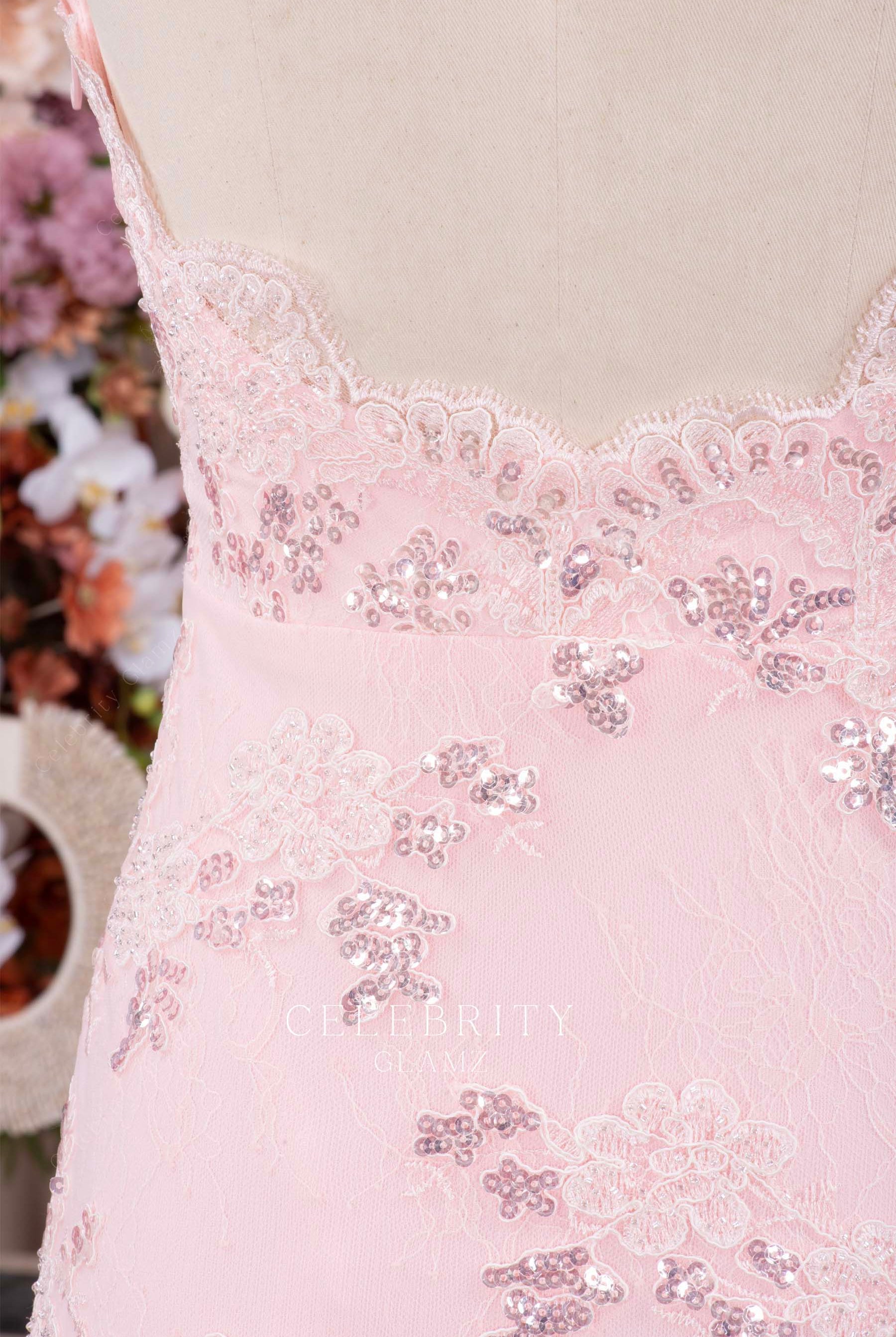 pink lace sequin prom dress
