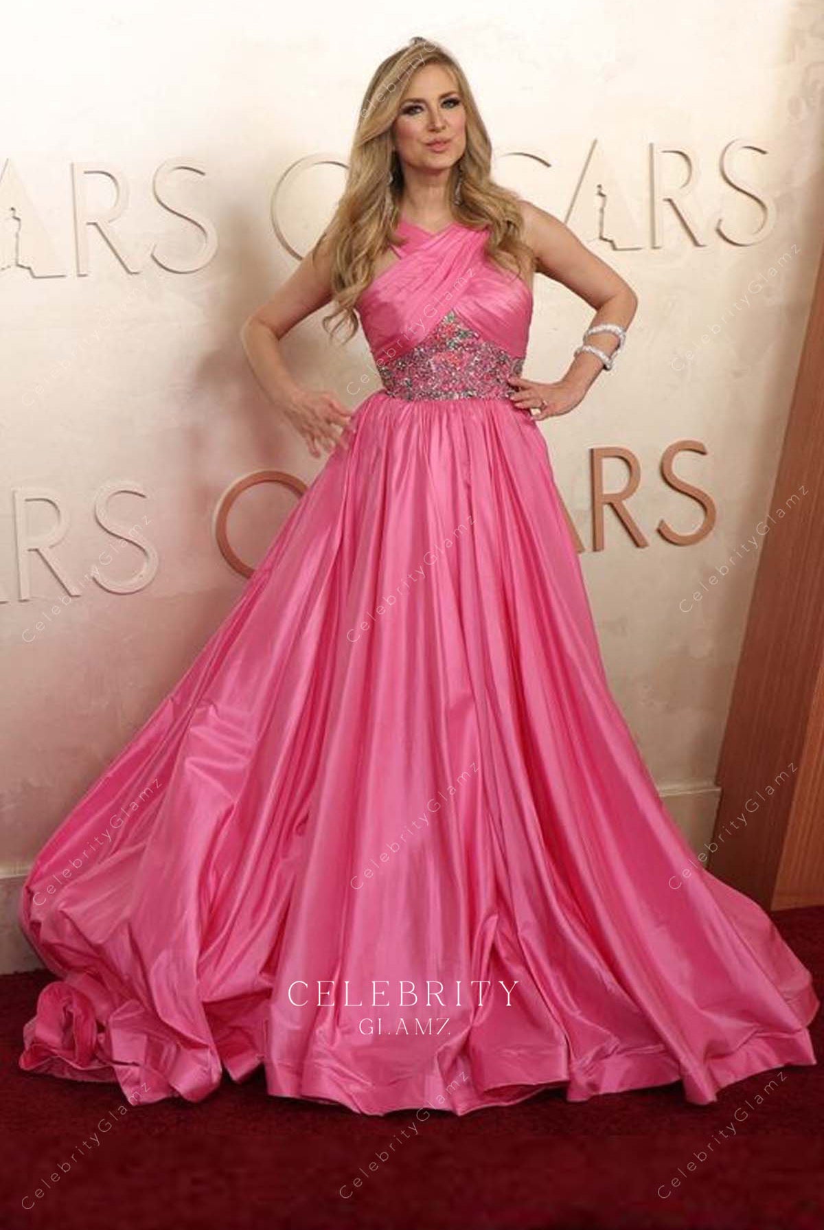 pink Nikki Novak 2025 Oscars red carpet a line dress