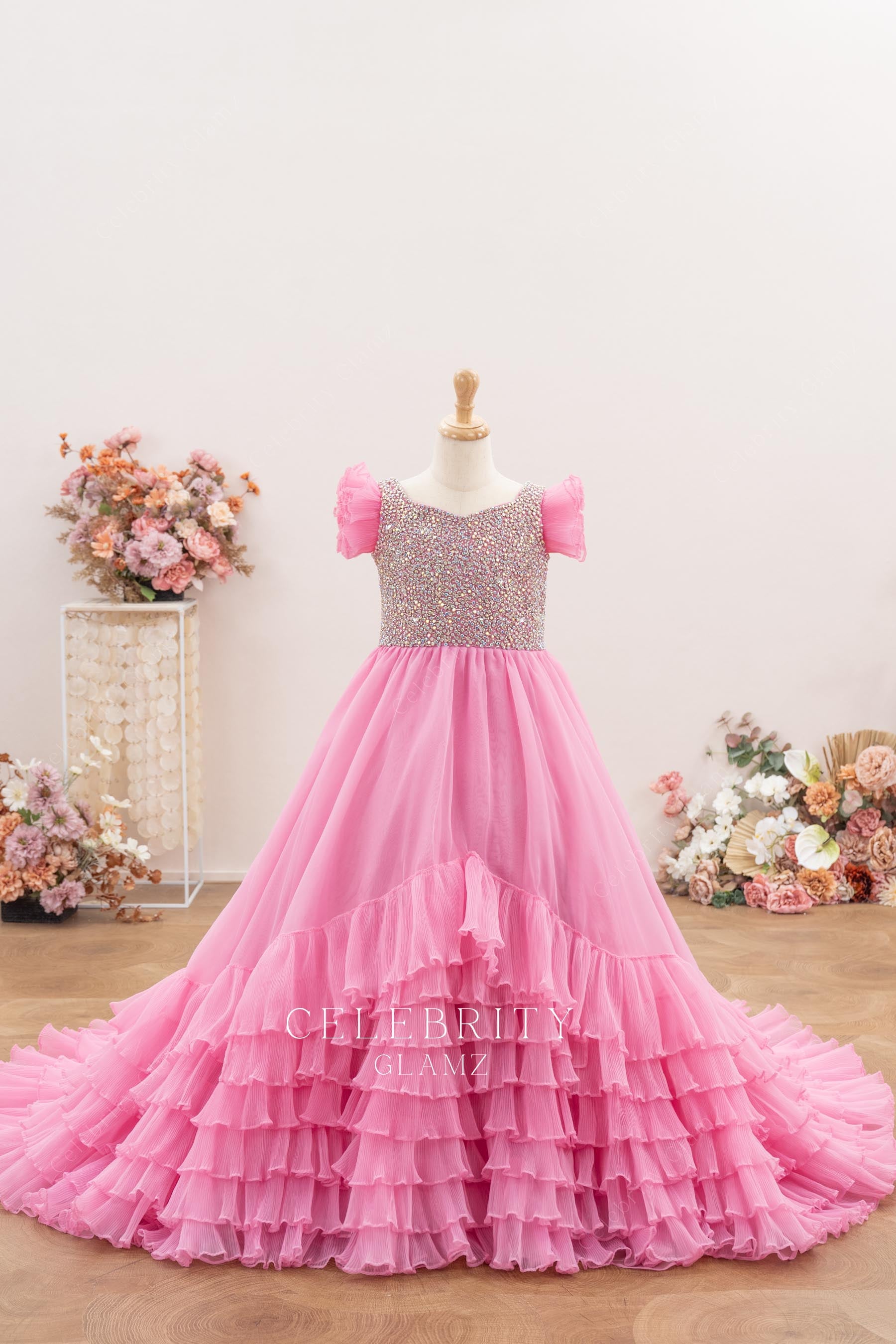 pink organza ruffles pageant ballgown