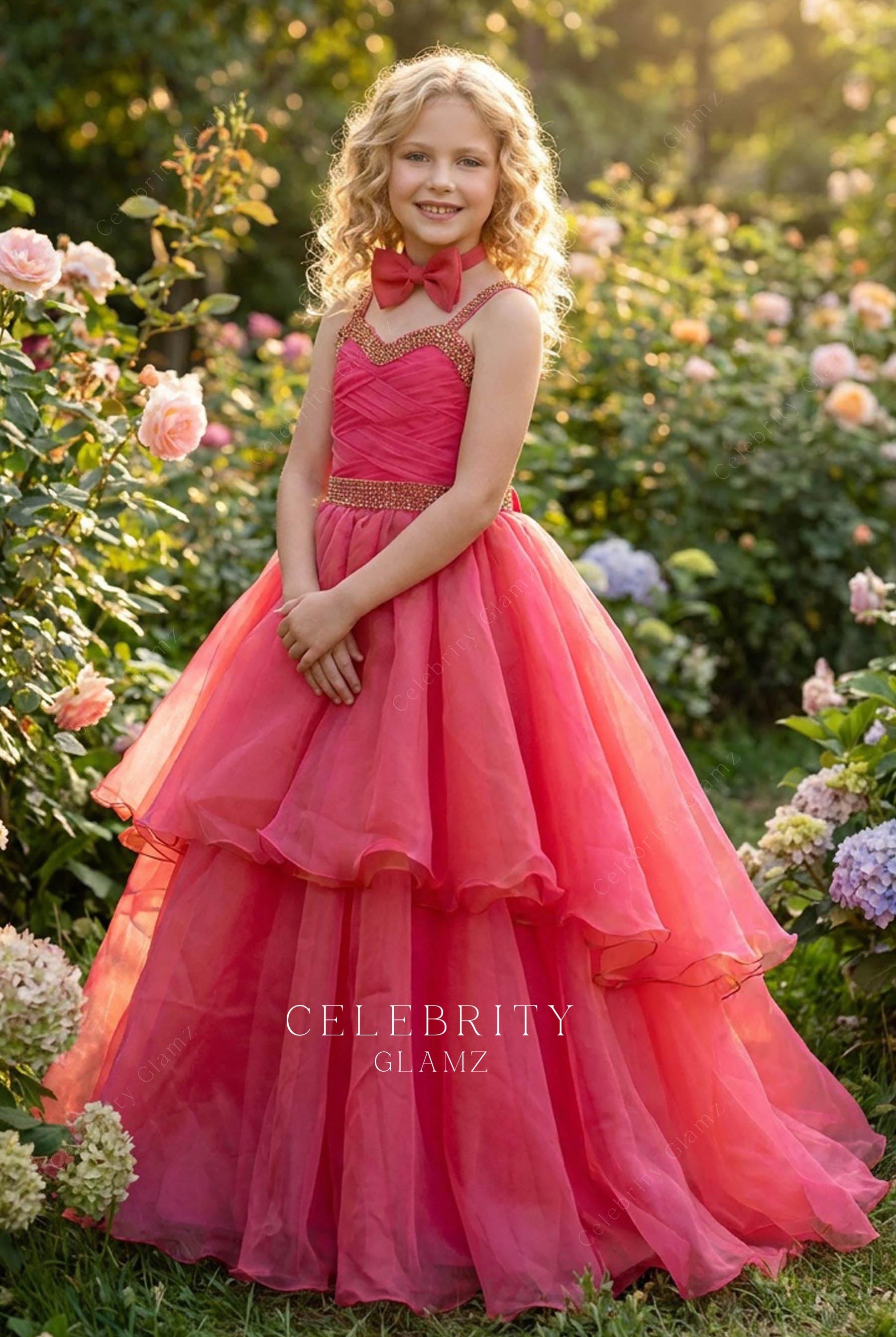 pink punch organza layered pageant gown