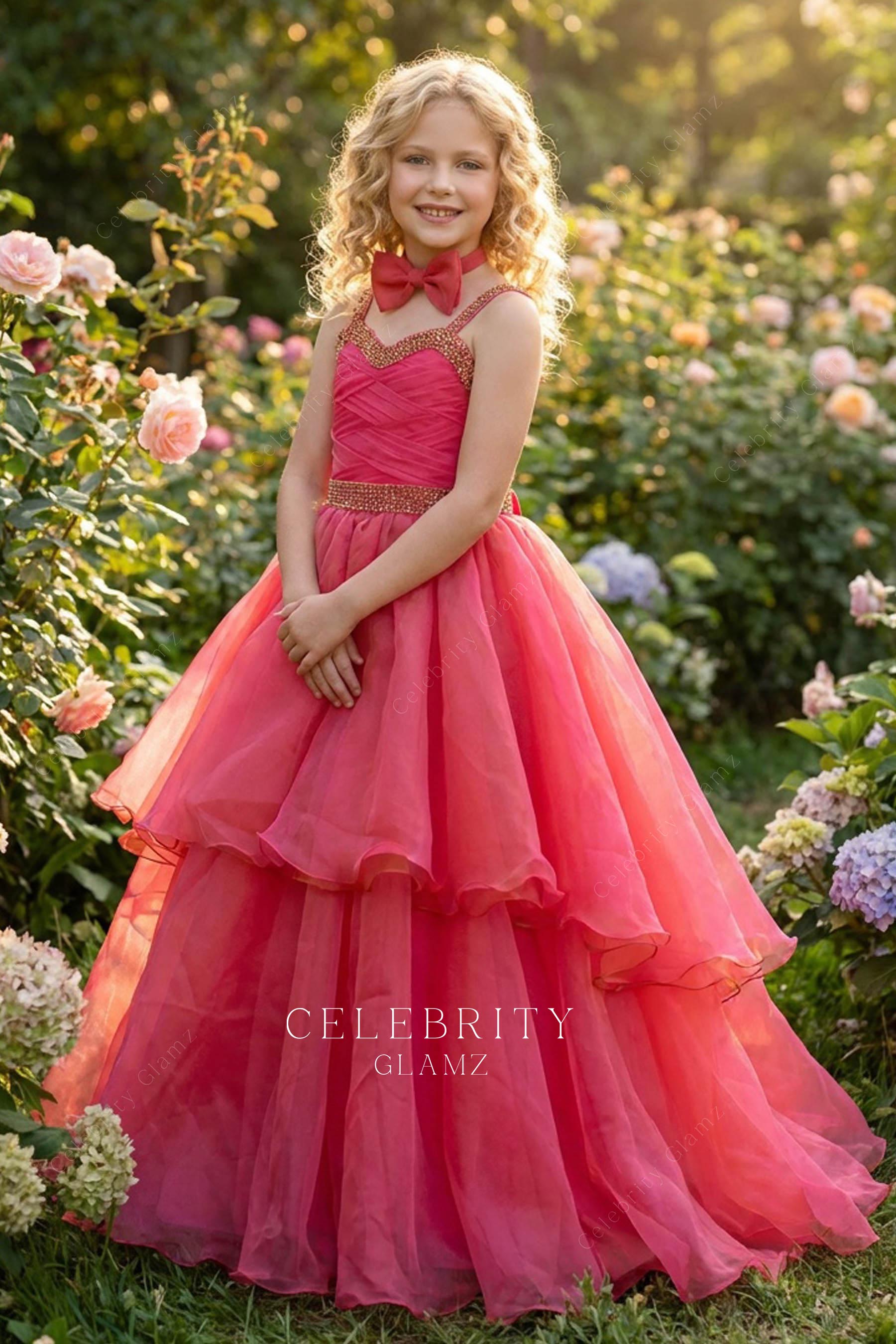 pink punch organza layered pageant gown