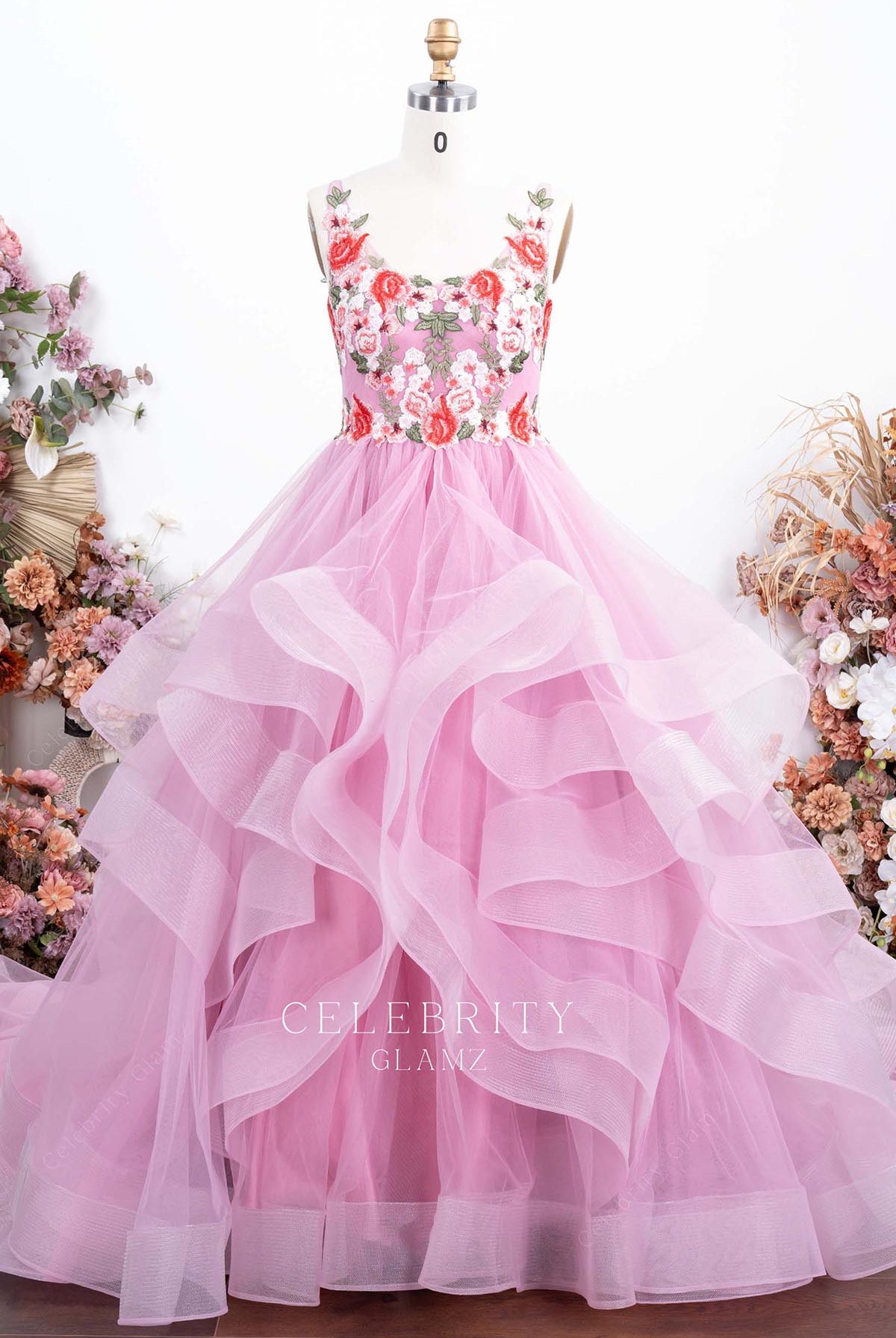 pink ruffled Quinceanera gown