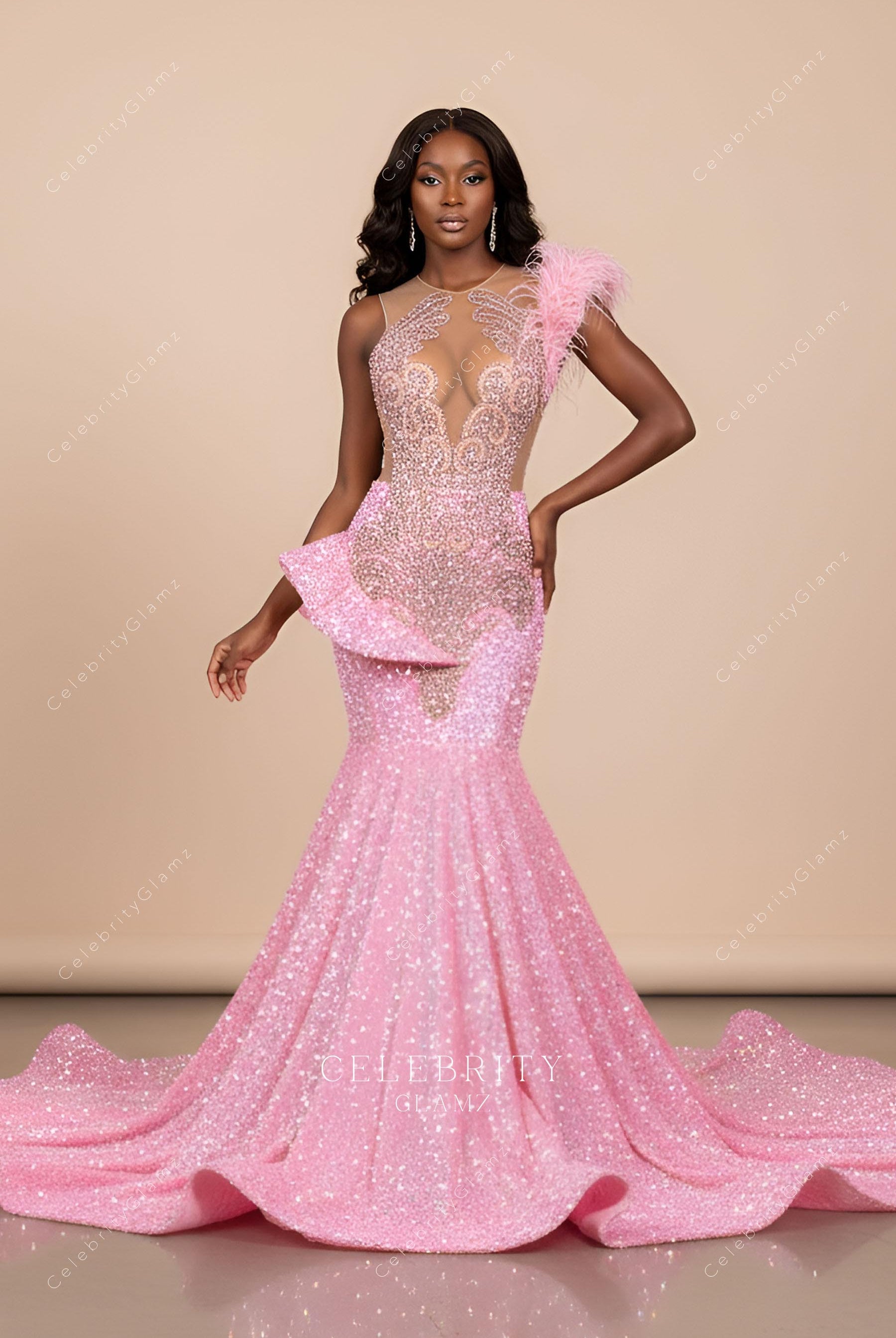 pink sequin ruffles mermaid prom dress
