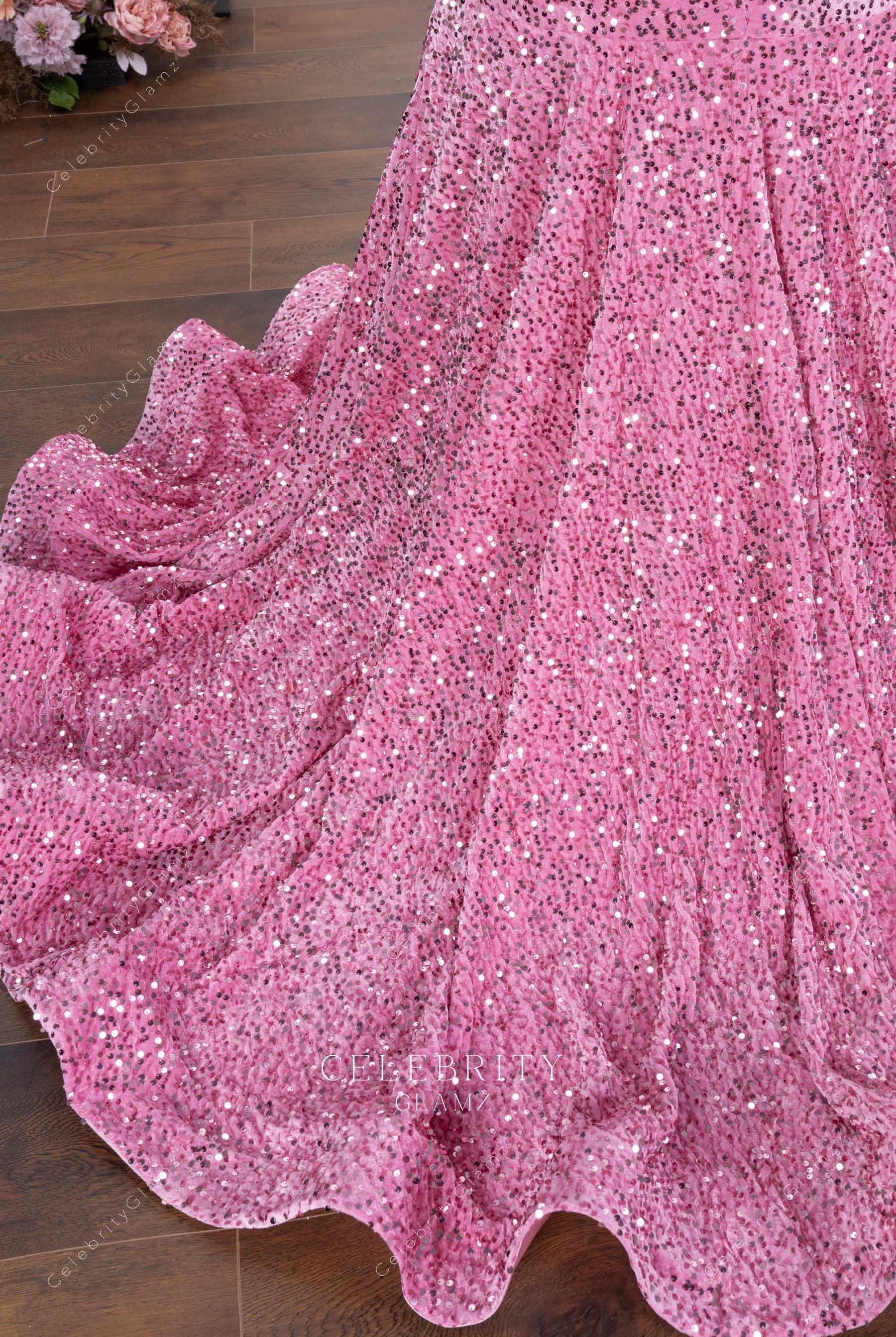 pink sequin trumpet horsehair prom dress