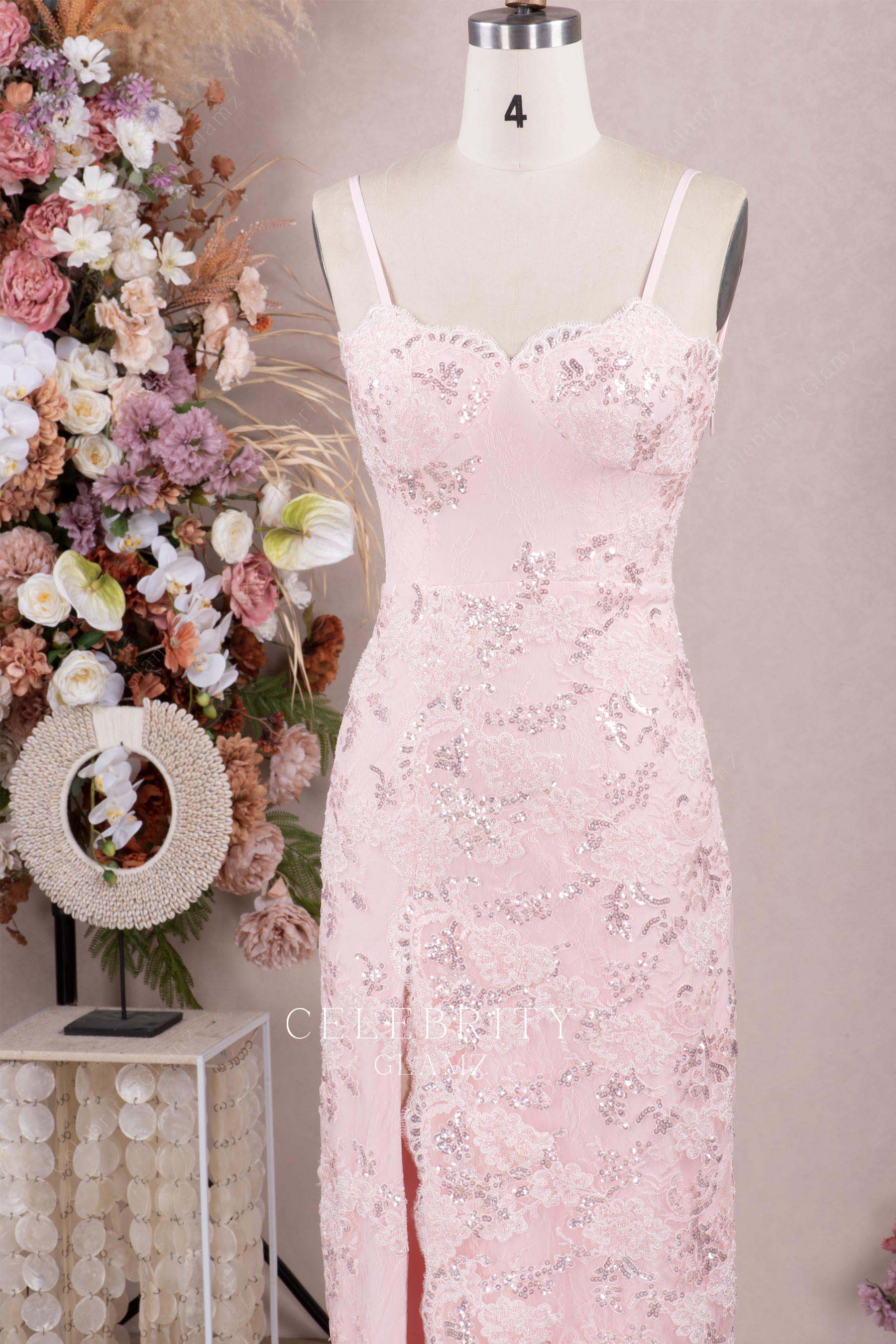 pink thin straps prom dress