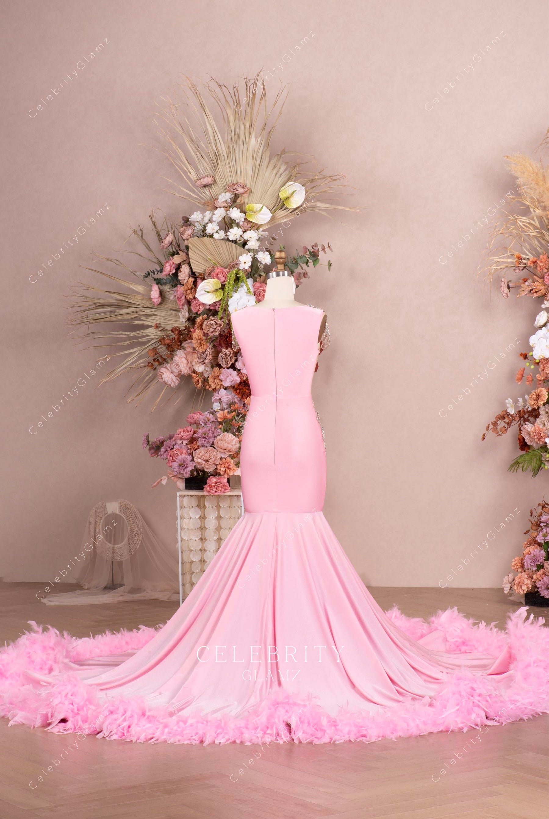 pink trumpet chapel train formal dress