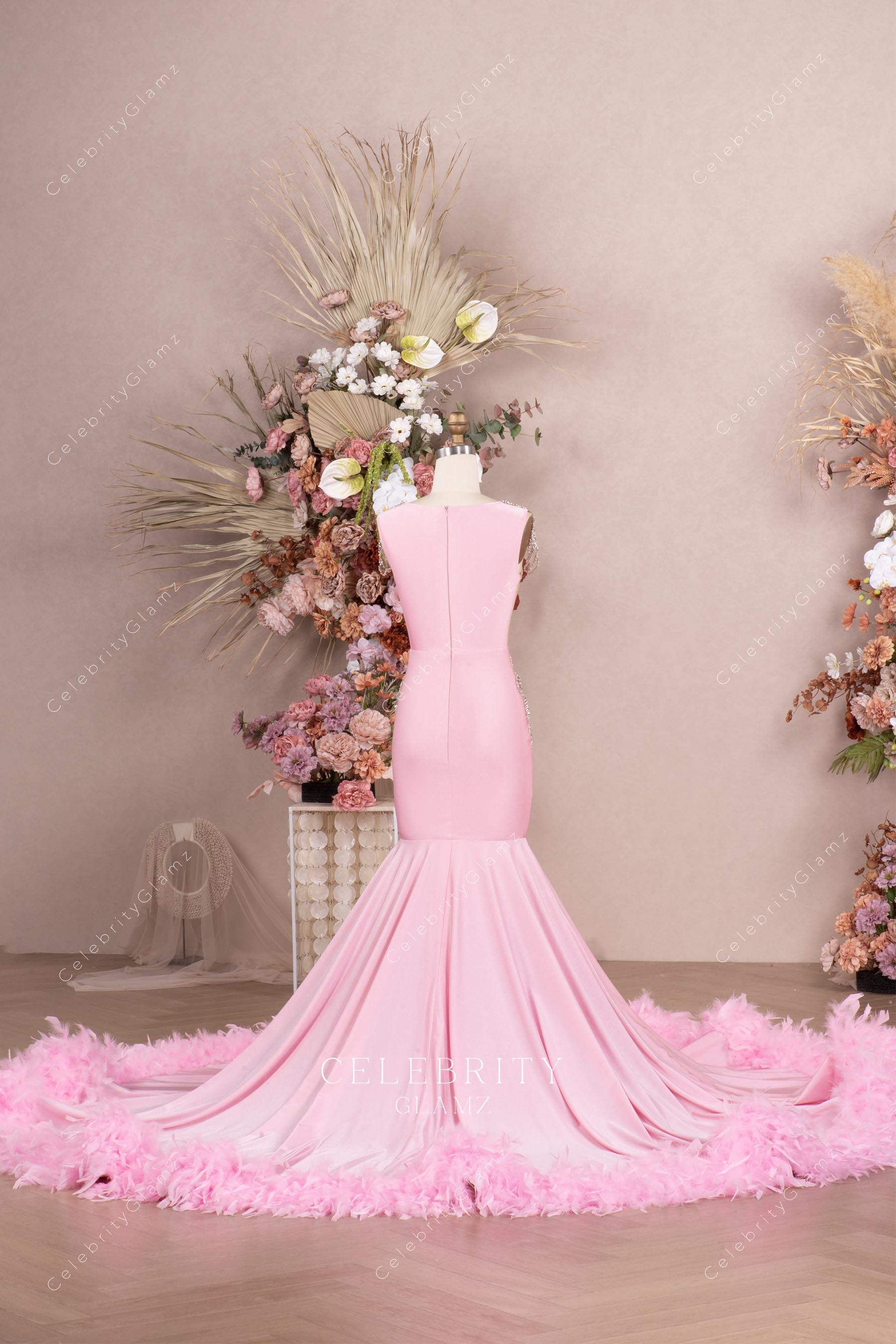 pink trumpet chapel train formal dress