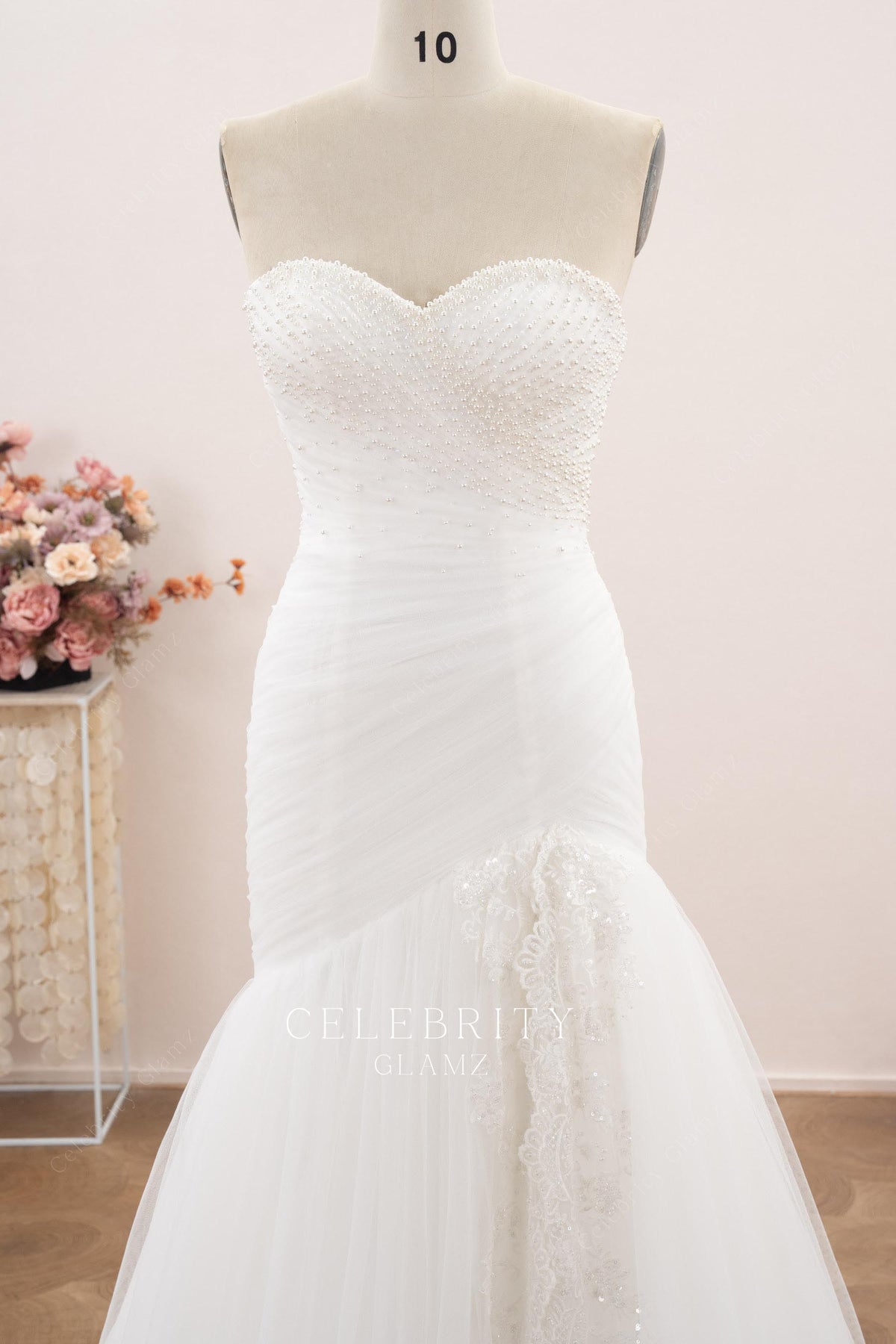 pleated tulle pearl wedding dress
