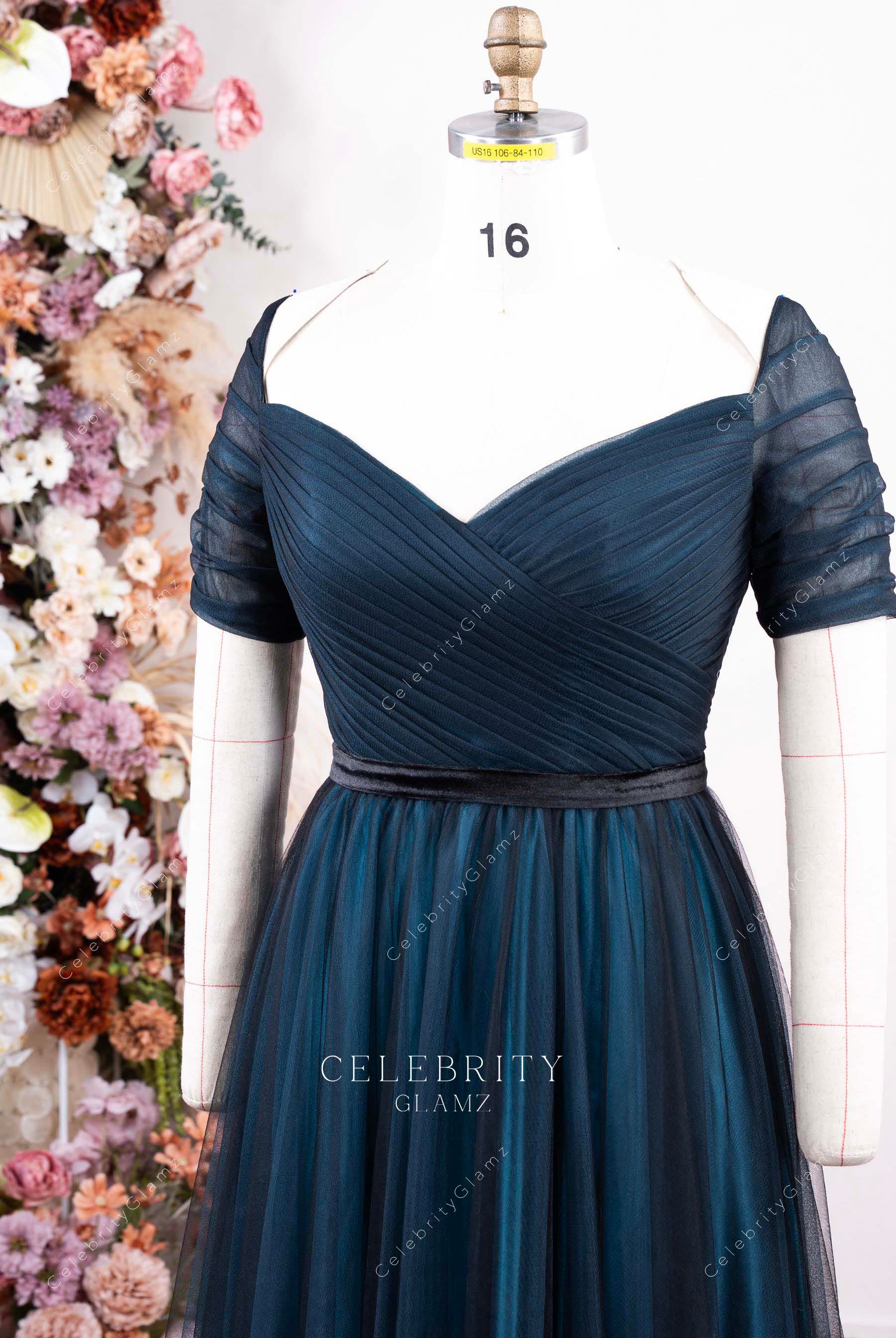 pleated tulle v neck mother of bride dress