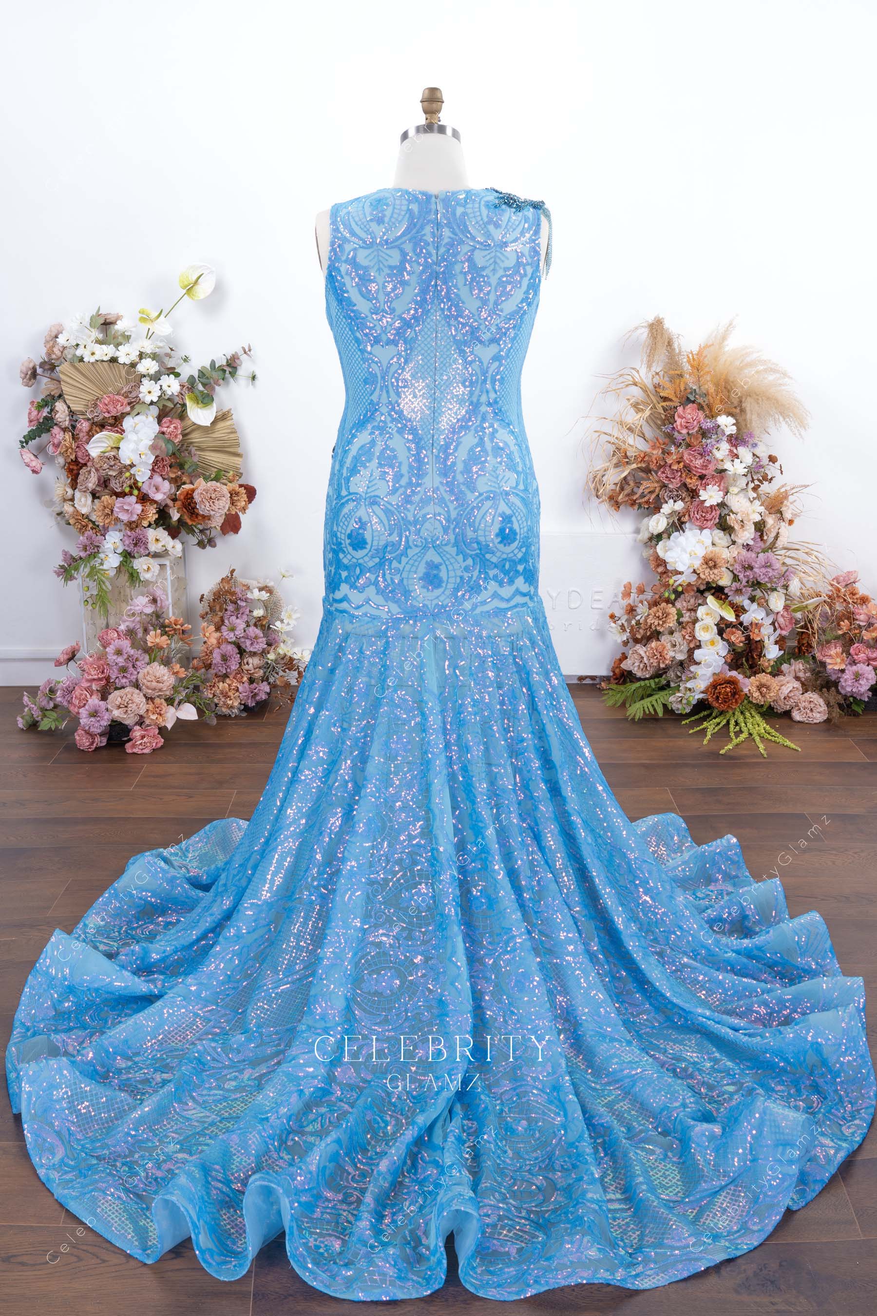 plus size blue chapel train formal dress