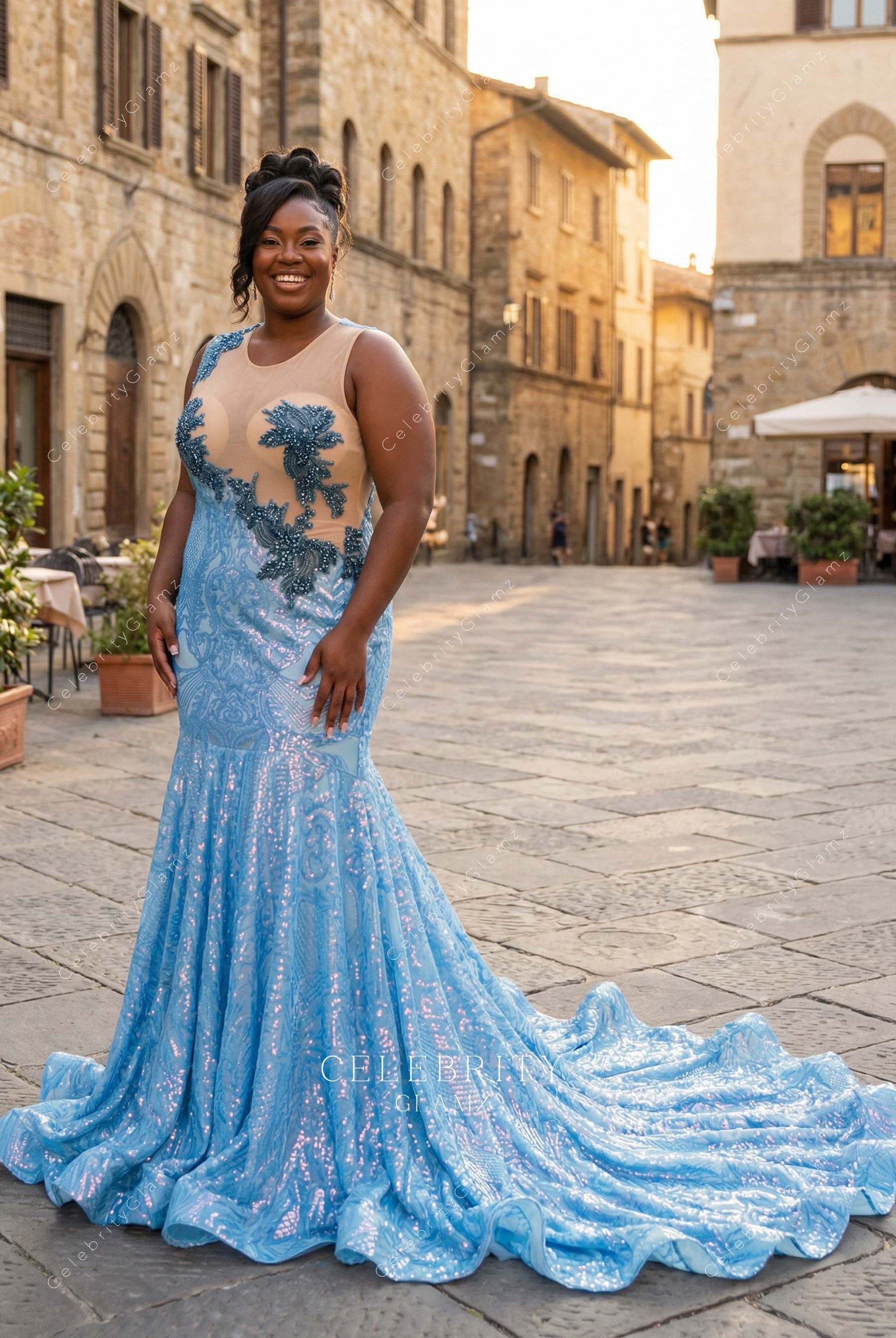 plus size blue trumpet formal dress