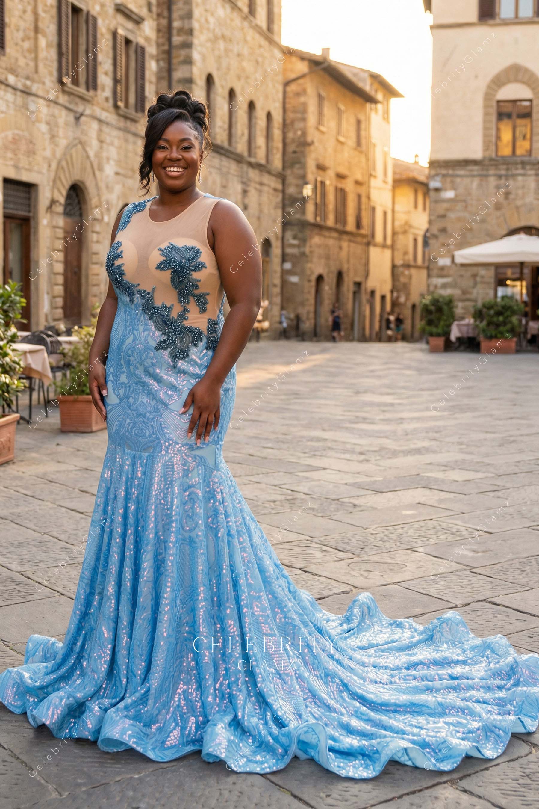 plus size blue trumpet formal dress