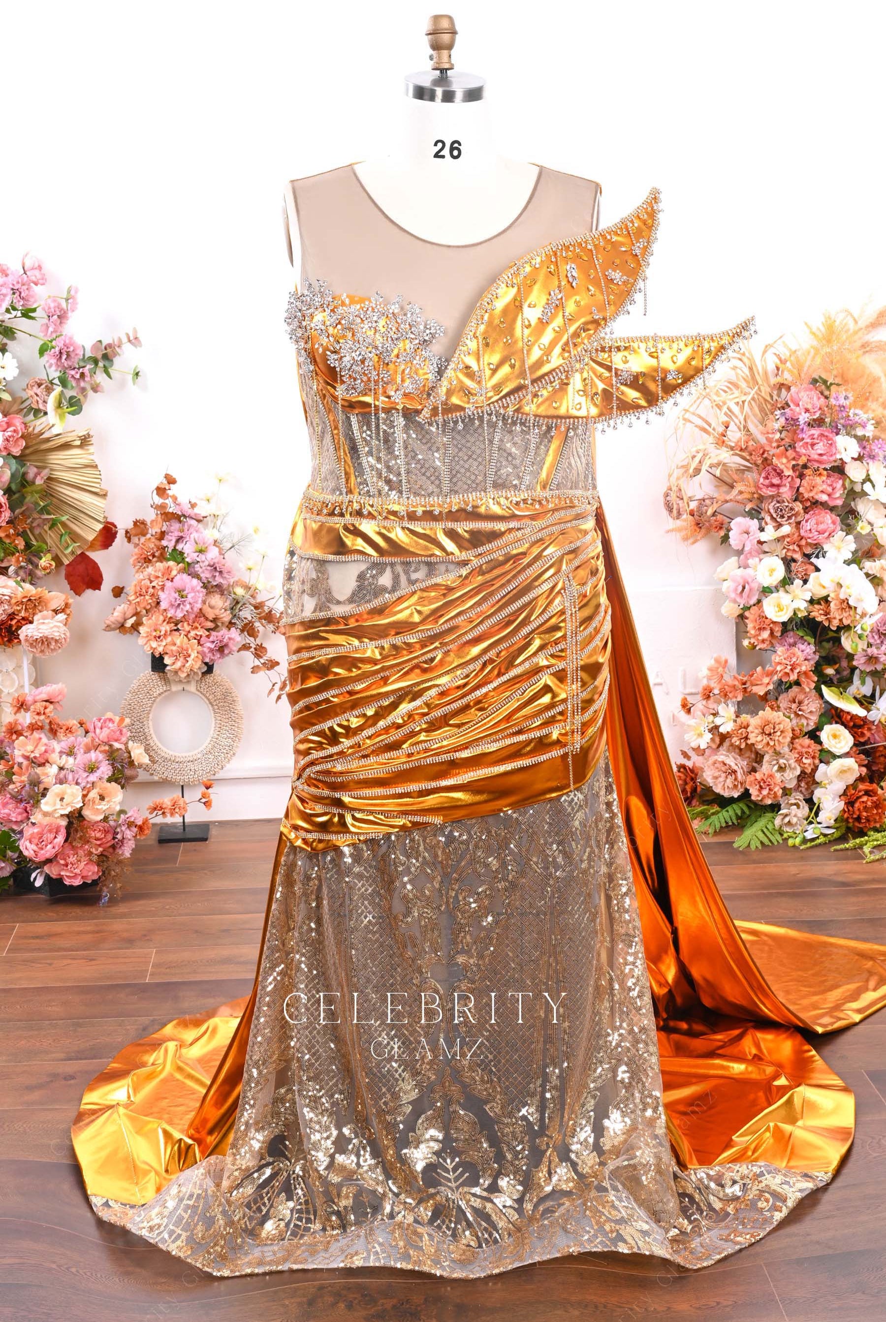plus size gold prom dress