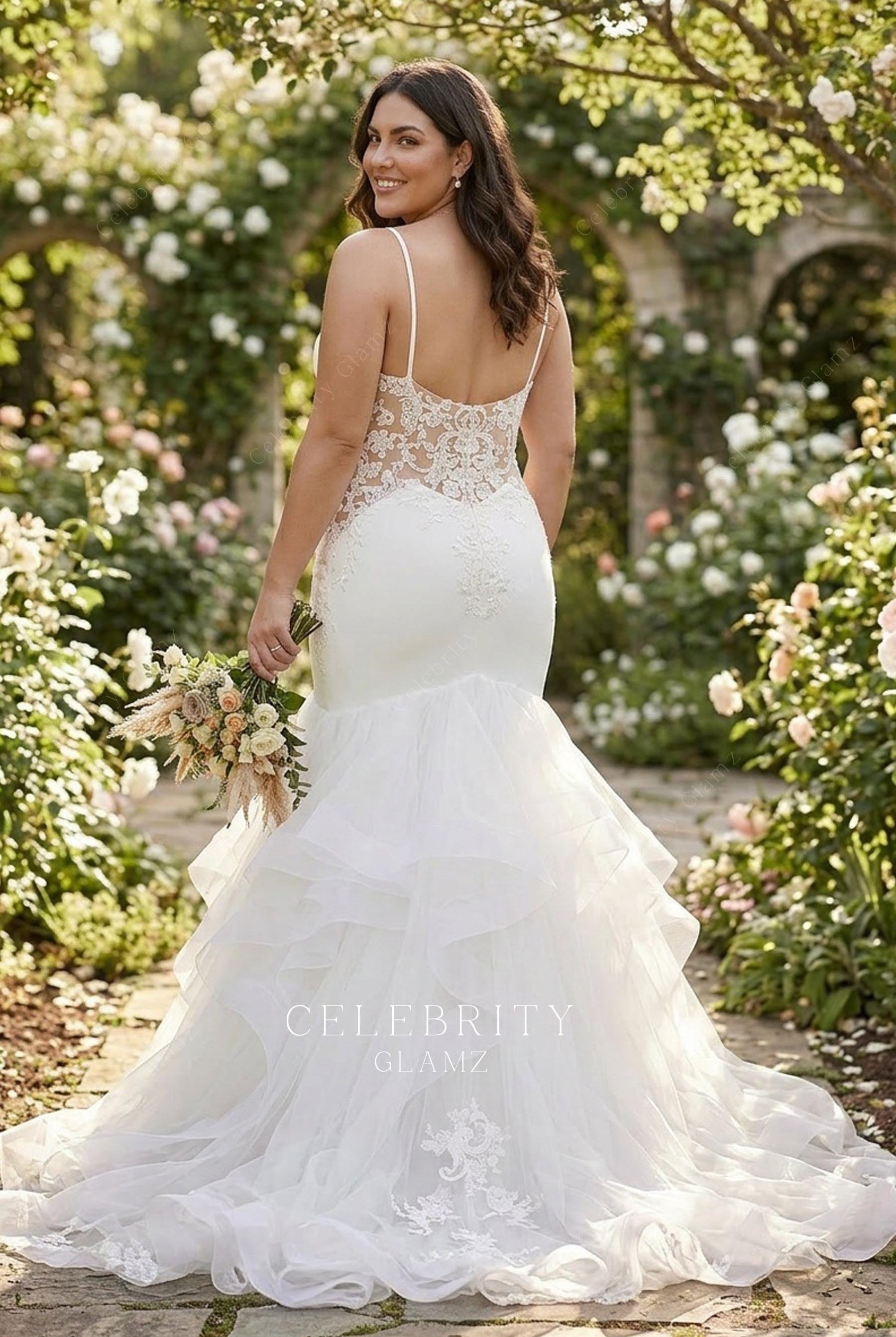 plus size lac e open back bridal dress