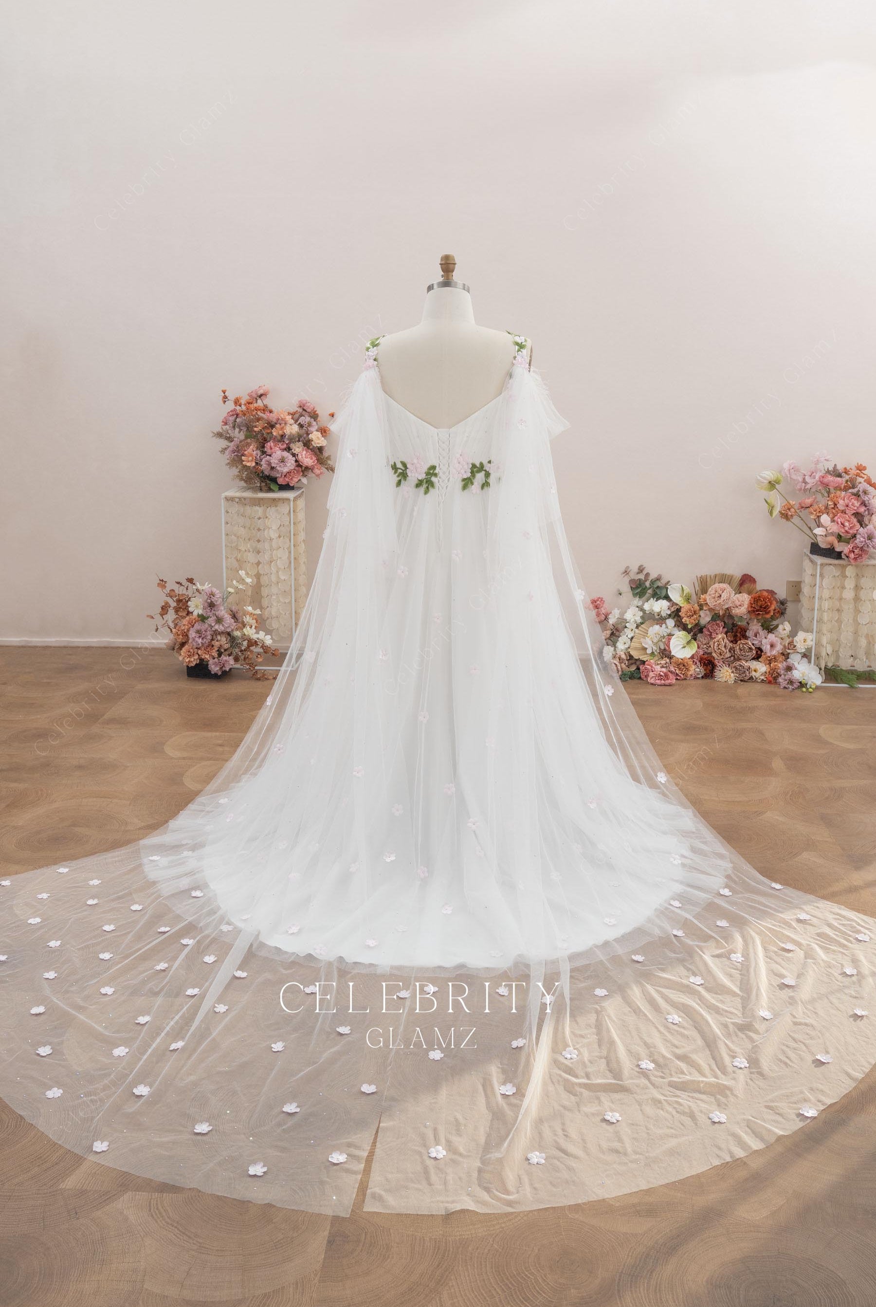 plus size long shoulder veil wedding dress