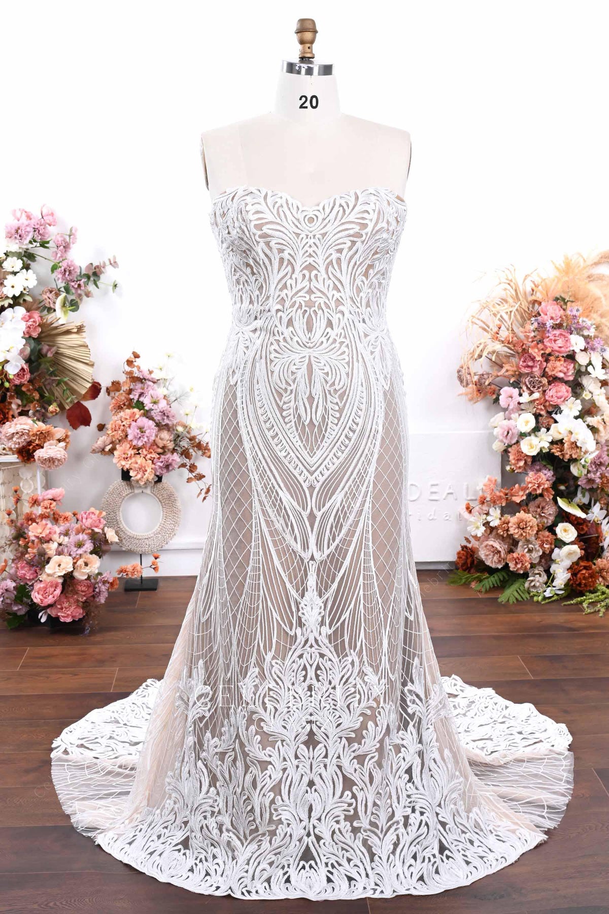 plus size nude beige lace wedding dress
