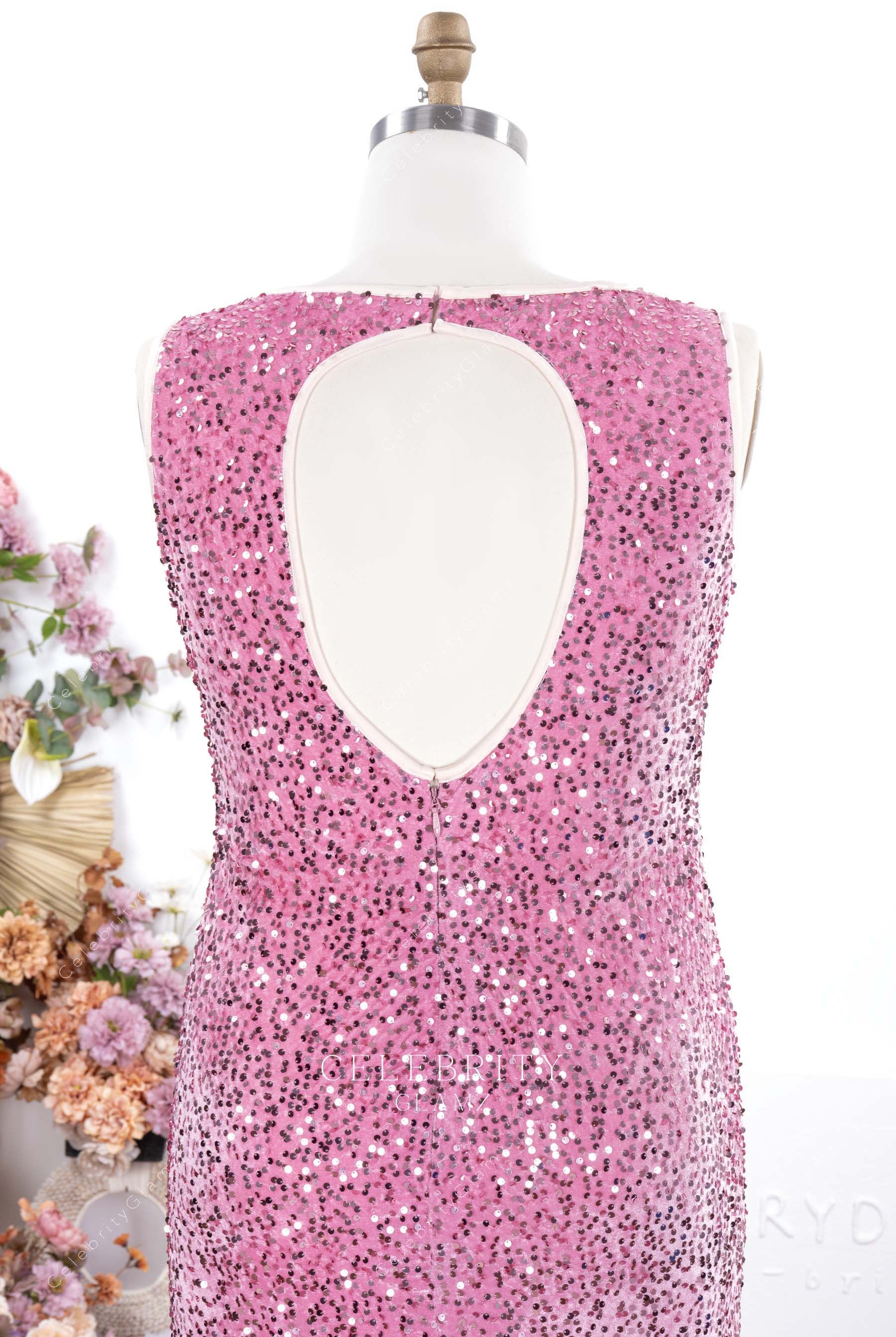 plus size pink sequin keyhole back prom dress