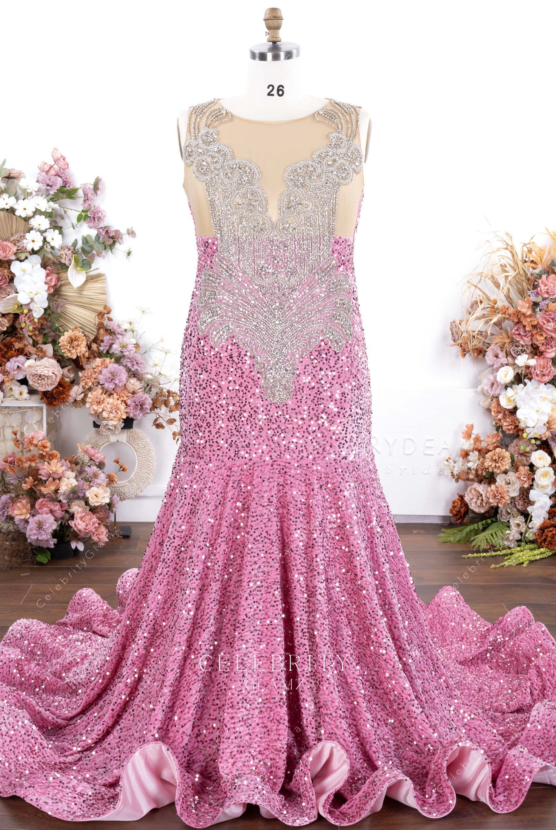 plus size pink sequin trumpet prom dress