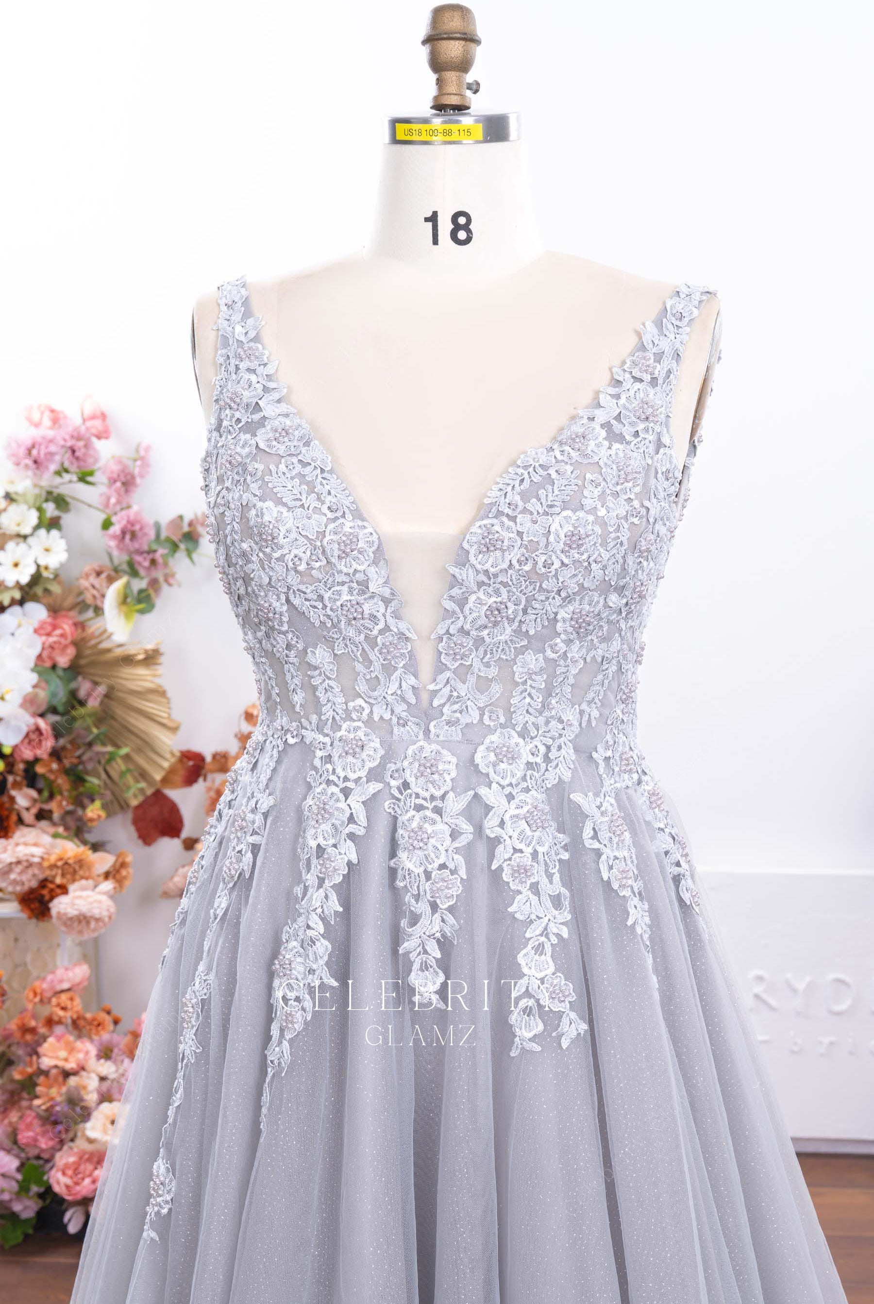 plus size plunging neck gray formal dress