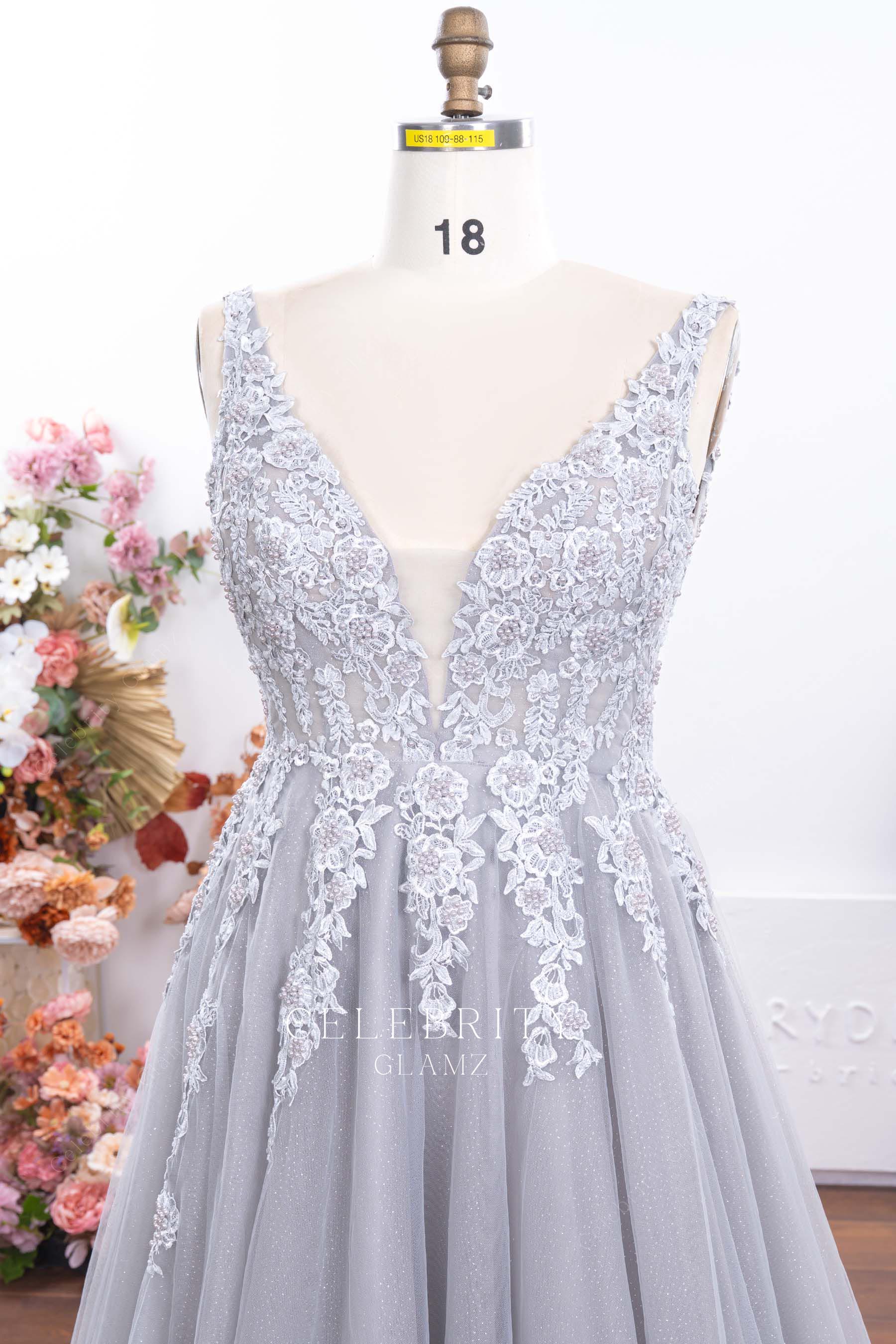 plus size plunging neck gray formal dress