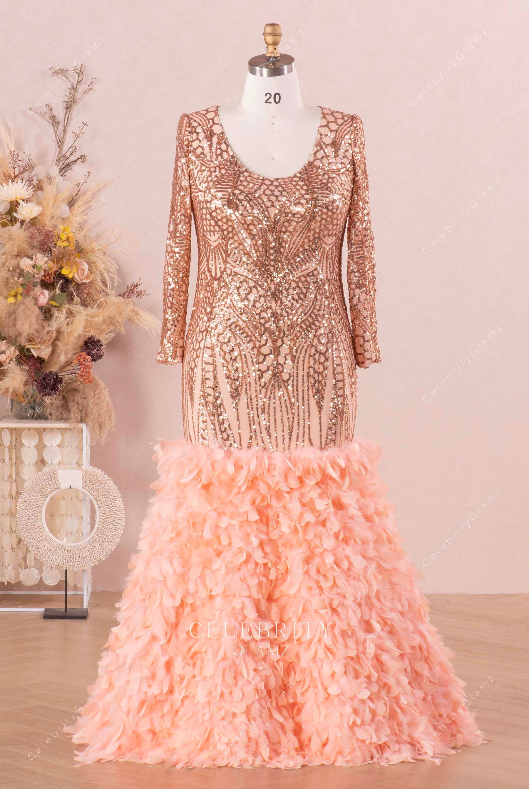plus size sequin trumpet feather prom dress