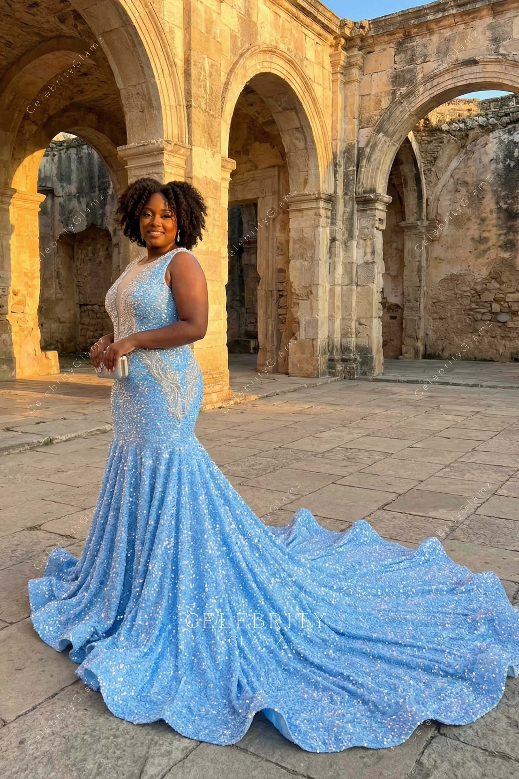 plus size sparkly blue trumpet prom dress